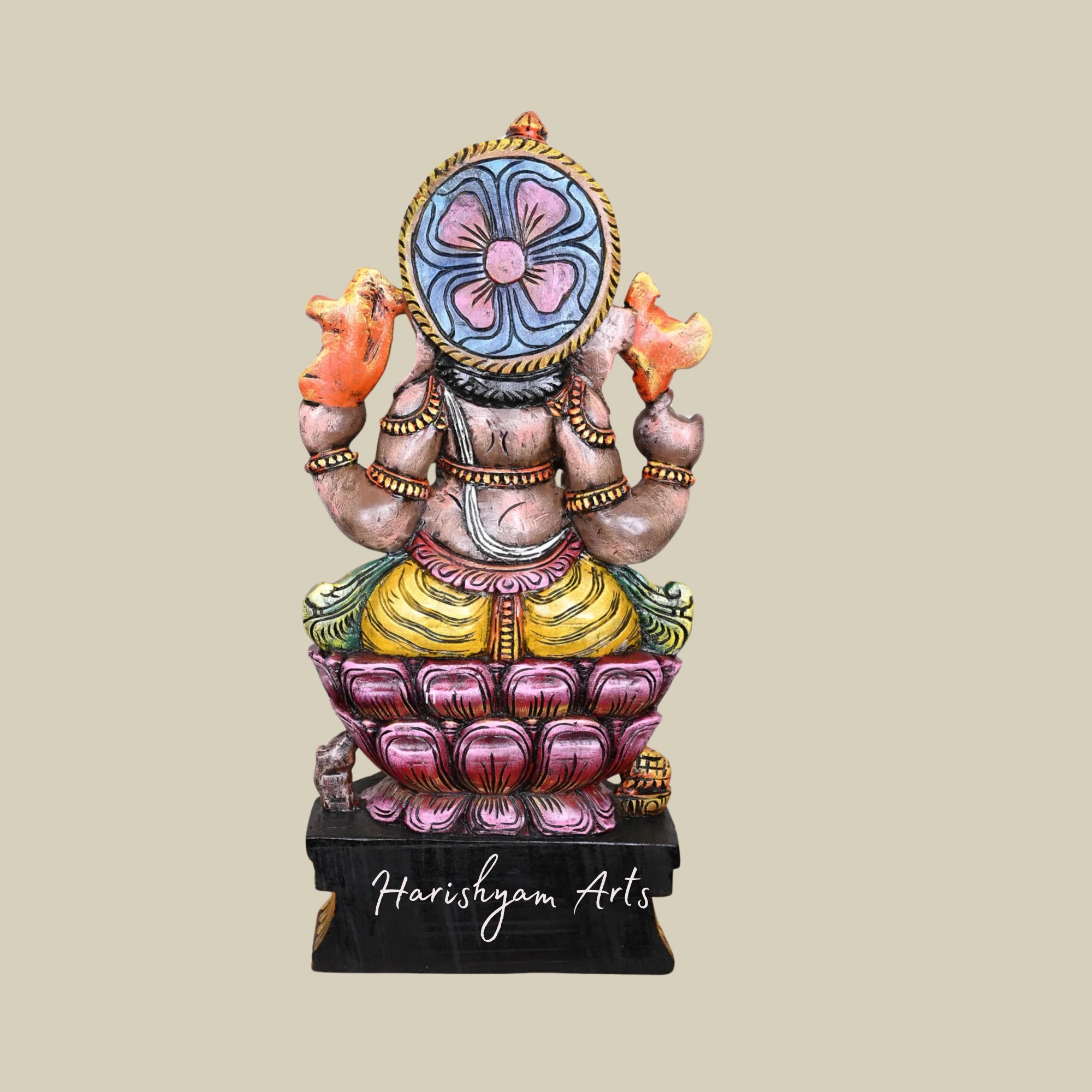 36" Maha Ganesha Wooden Sculpture on Pink Lotus with Multicolored Handcrafted Detailing6