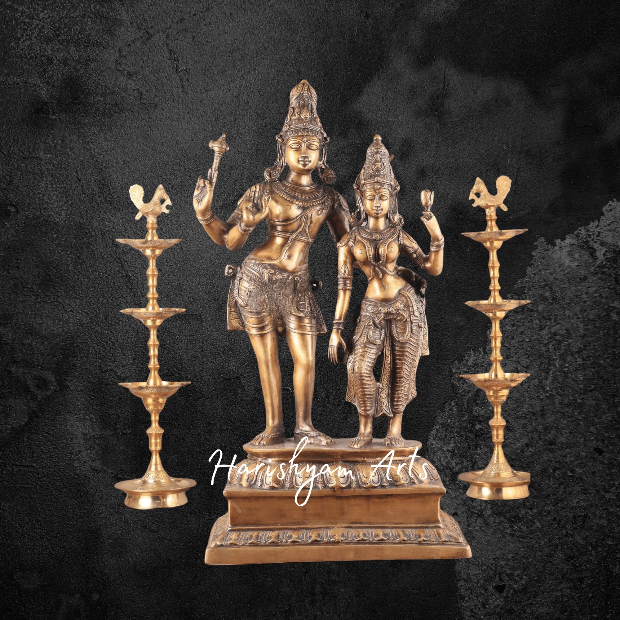 36" Majestic Pure Brass Lord Shiva and Parvati Standing Together Statue