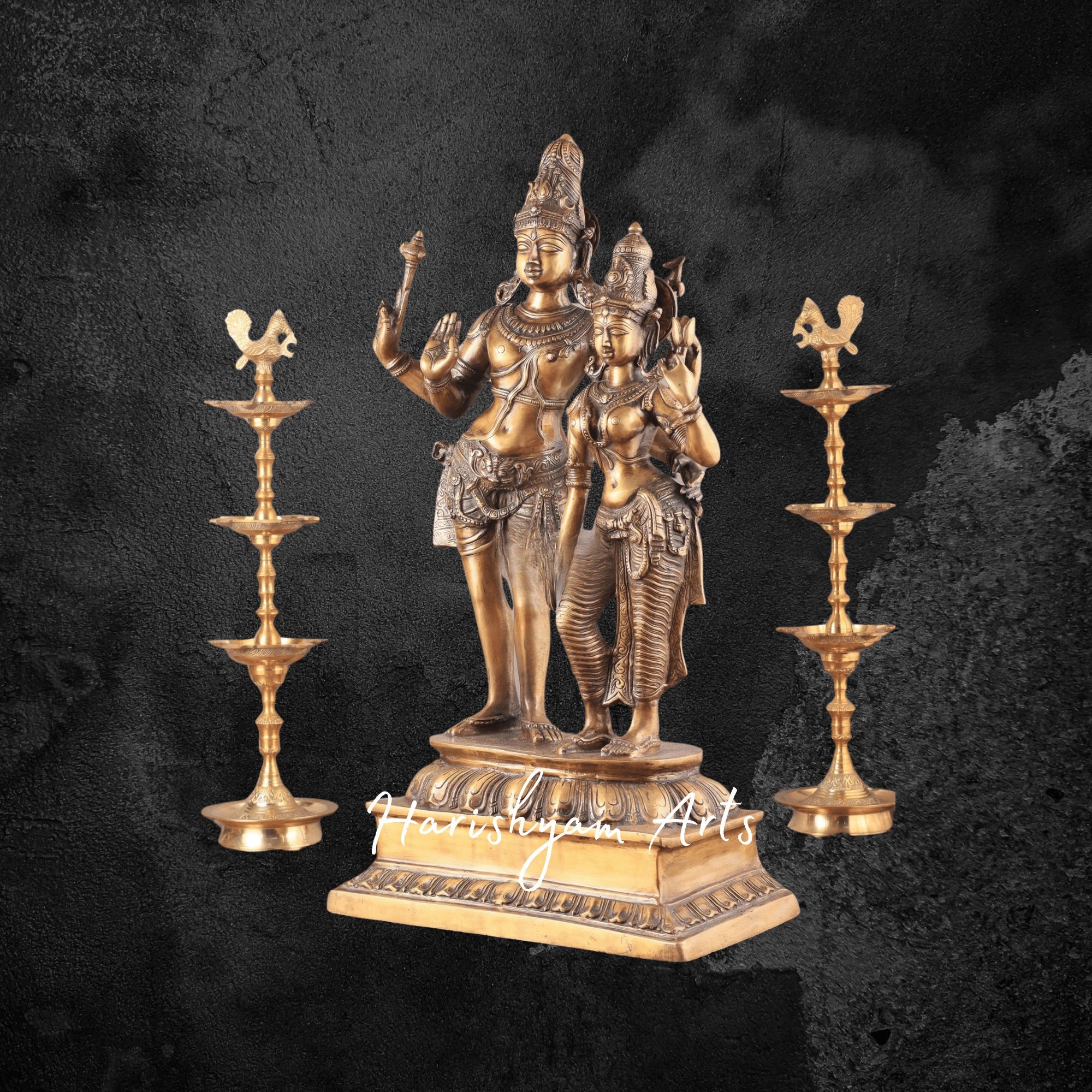 36" Majestic Pure Brass Lord Shiva and Parvati Standing Together Statue