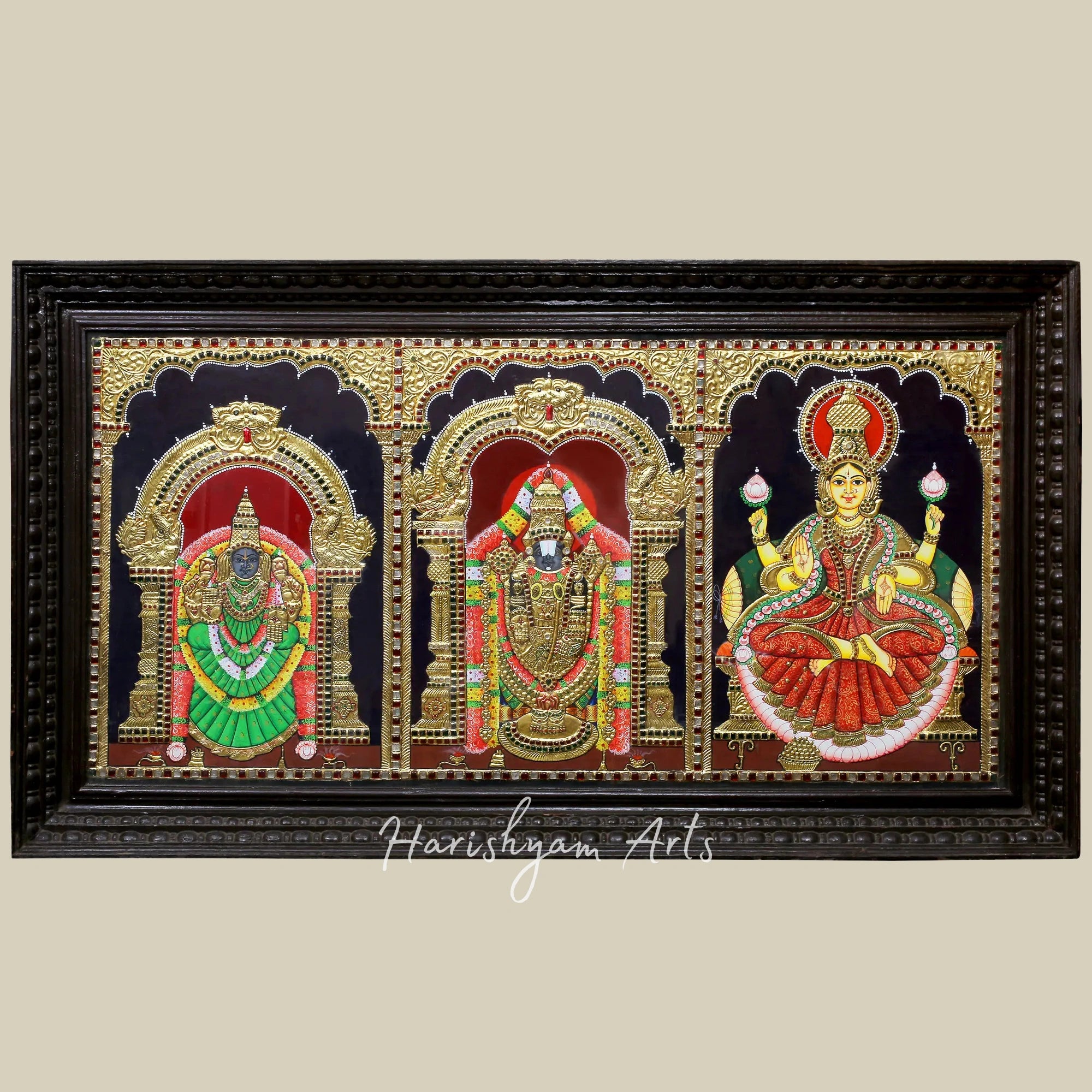 36" Sacred Lord Venkateshwara Tirupati Balaji with Sridevi and Bhudevi Tanjore Painting