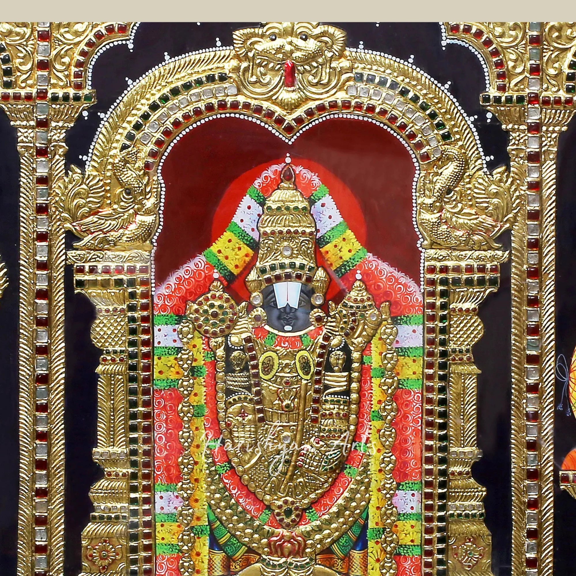 36" Sacred Lord Venkateshwara Tirupati Balaji with Sridevi and Bhudevi Tanjore Painting