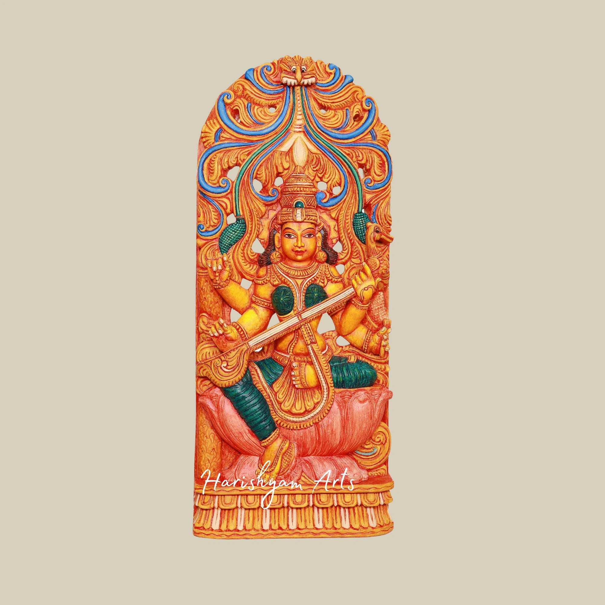 36" Sacred Wooden Saraswati Murti Colorful Sitting Idol Playing Veena1