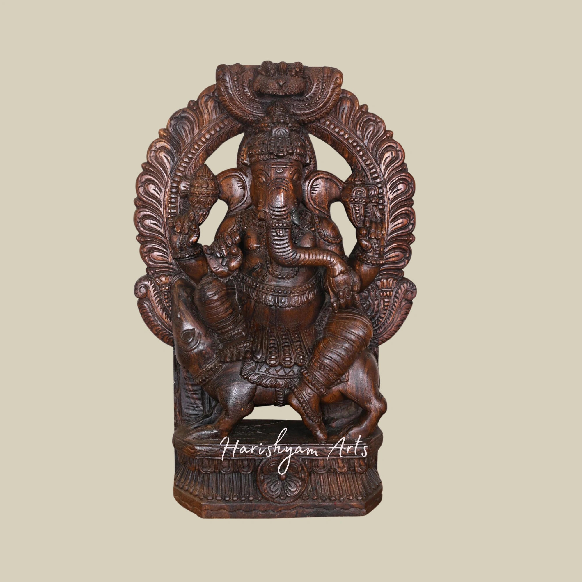 36" Sitting Ganesha Eating Mango on Mooshak Wooden Ganpati Statue for Home Decor