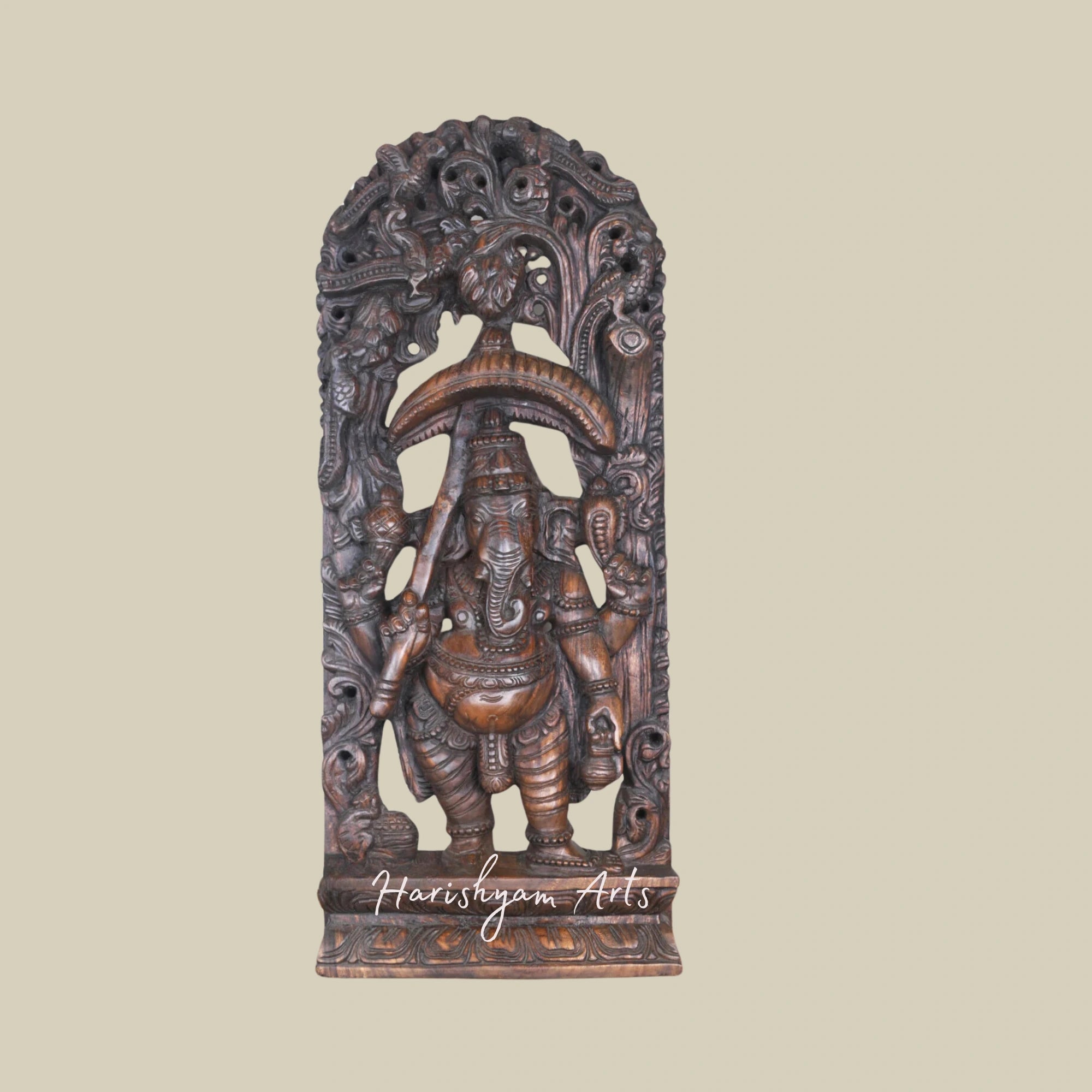36" Standing Wooden Ganesha Murti with Kamandalam and Umbrella Antique-Style Jali Wall-Mounted Decor