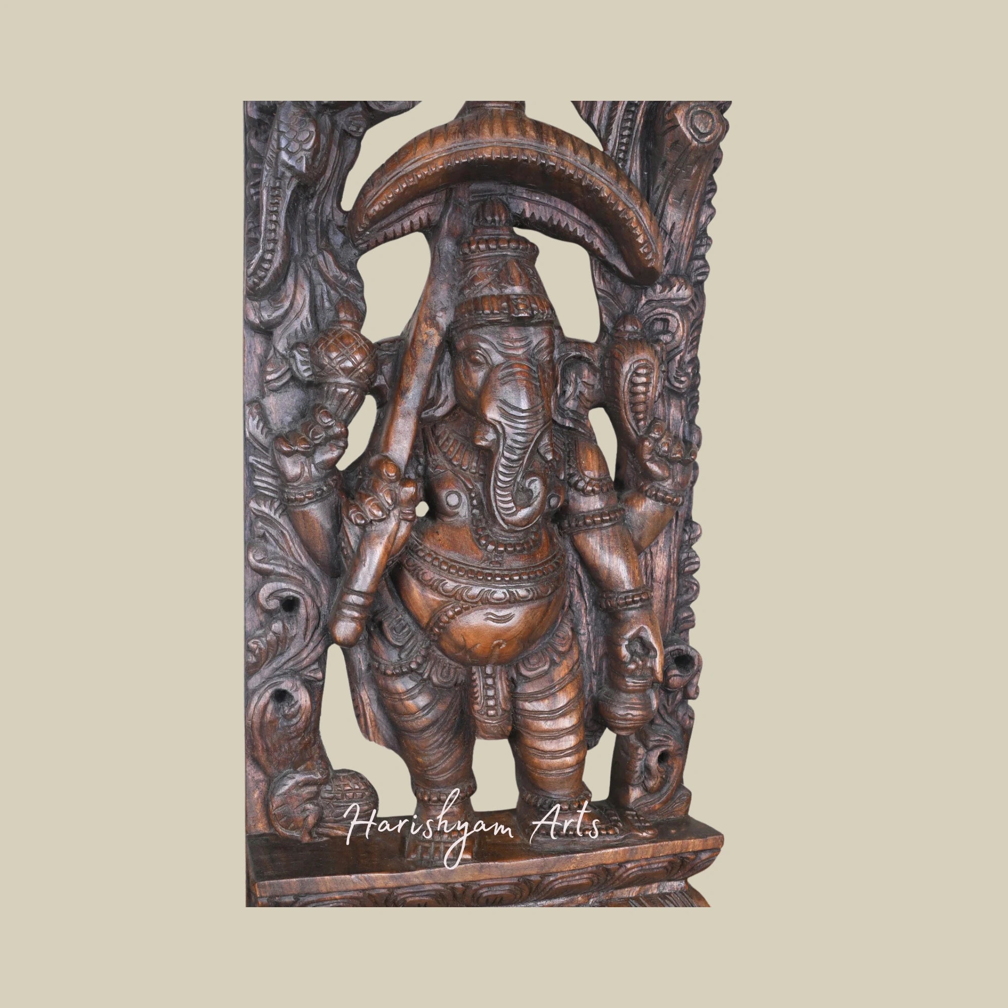 36" Standing Wooden Ganesha Murti with Kamandalam and Umbrella Antique-Style Jali Wall-Mounted Decor1