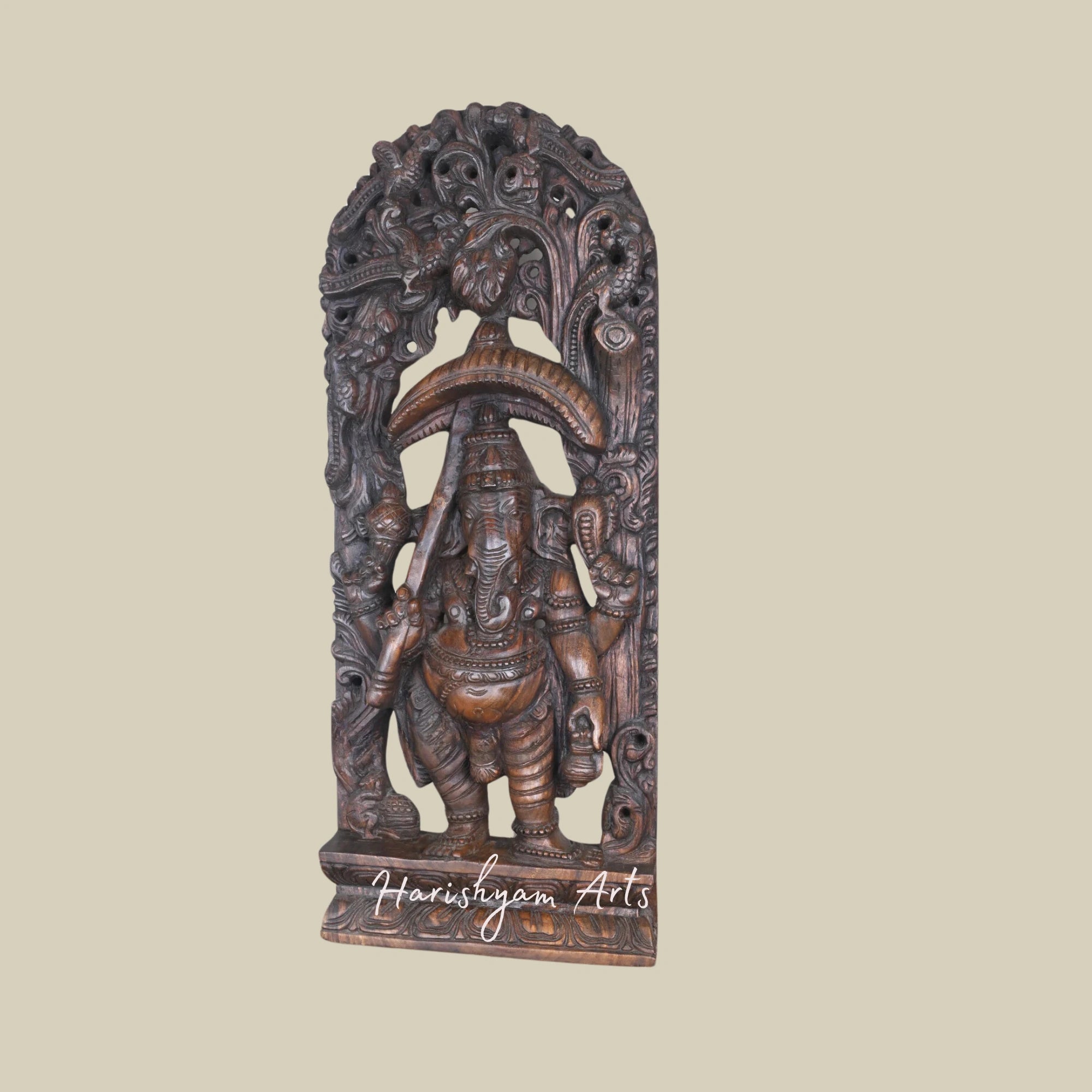 36" Standing Wooden Ganesha Murti with Kamandalam and Umbrella Antique-Style Jali Wall-Mounted Decor2