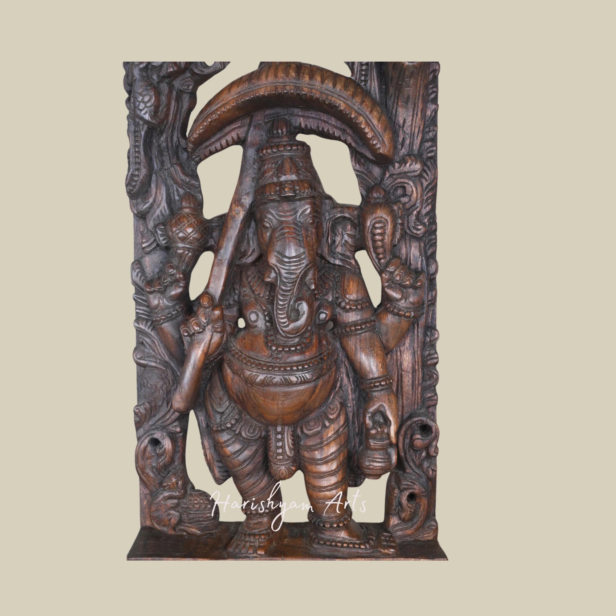 36" Standing Wooden Ganesha Murti with Kamandalam and Umbrella Antique-Style Jali Wall-Mounted Decor3