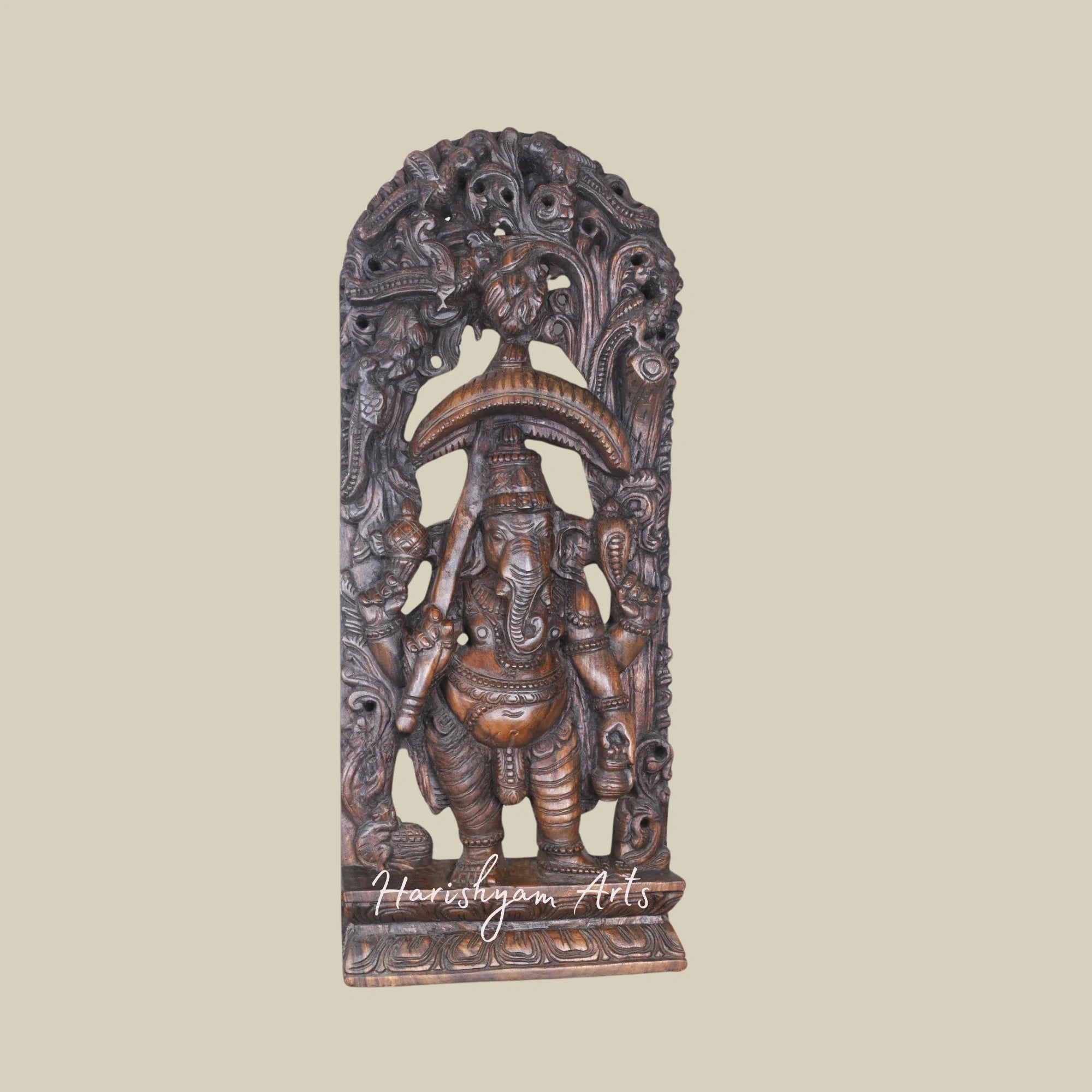 36" Standing Wooden Ganesha Murti with Kamandalam and Umbrella Antique-Style Jali Wall-Mounted Decor4