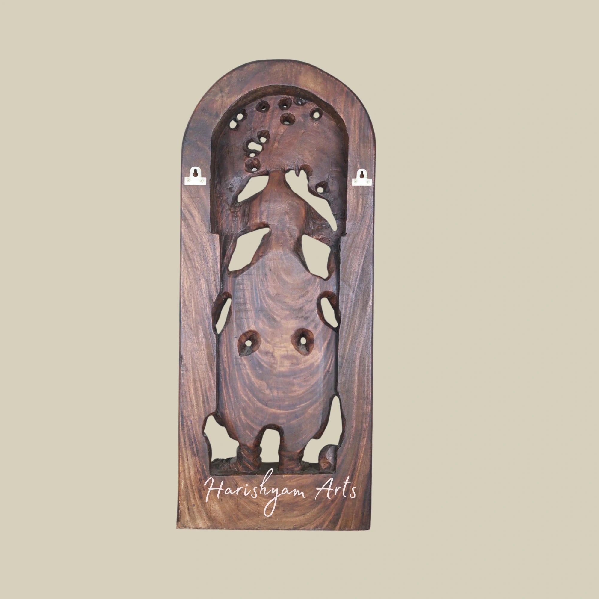 36" Standing Wooden Ganesha Murti with Kamandalam and Umbrella Antique-Style Jali Wall-Mounted Decor5