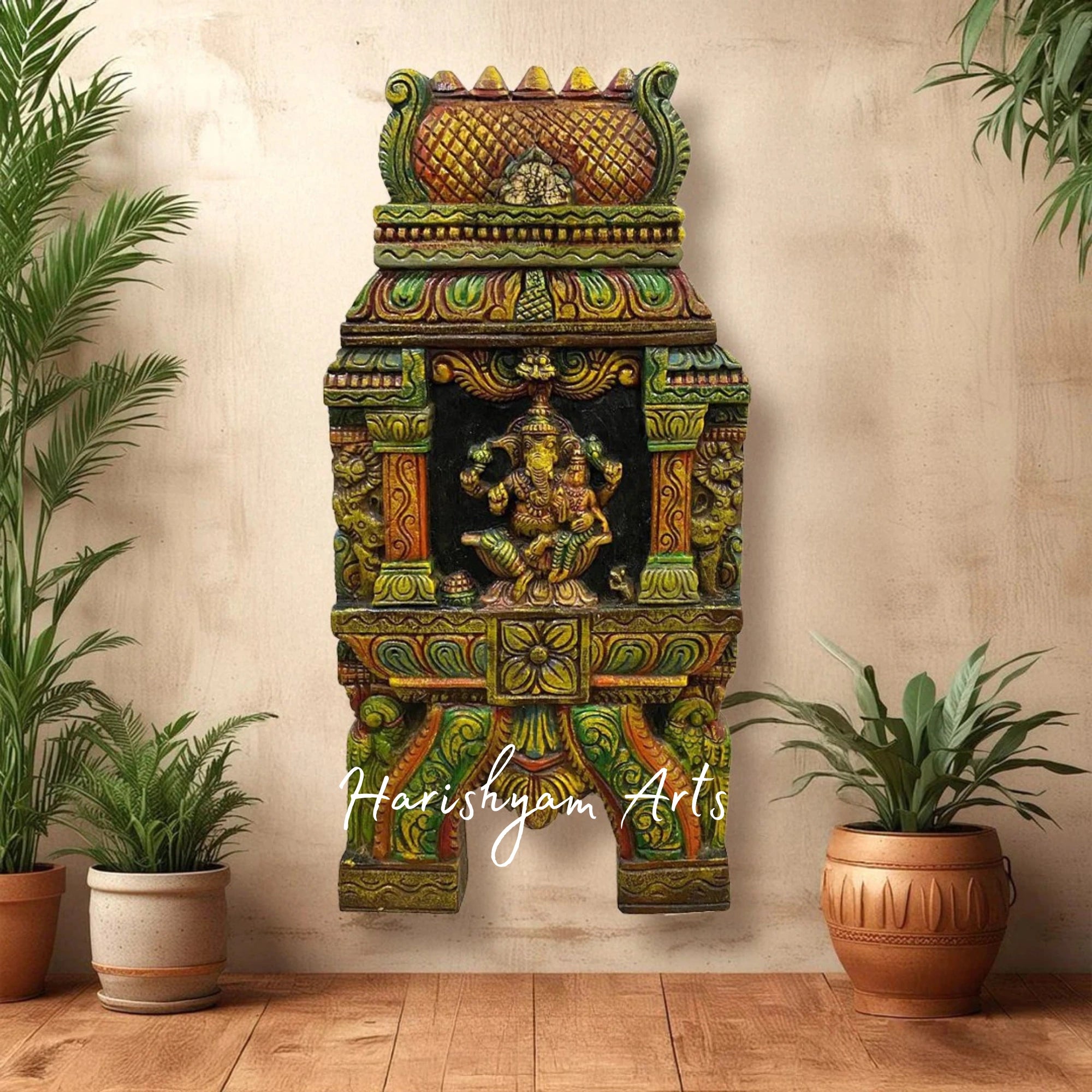 36" Temple Gopuram Style Wooden Ganesha and Lakshmi Kavadi Panel for Traditional Décor