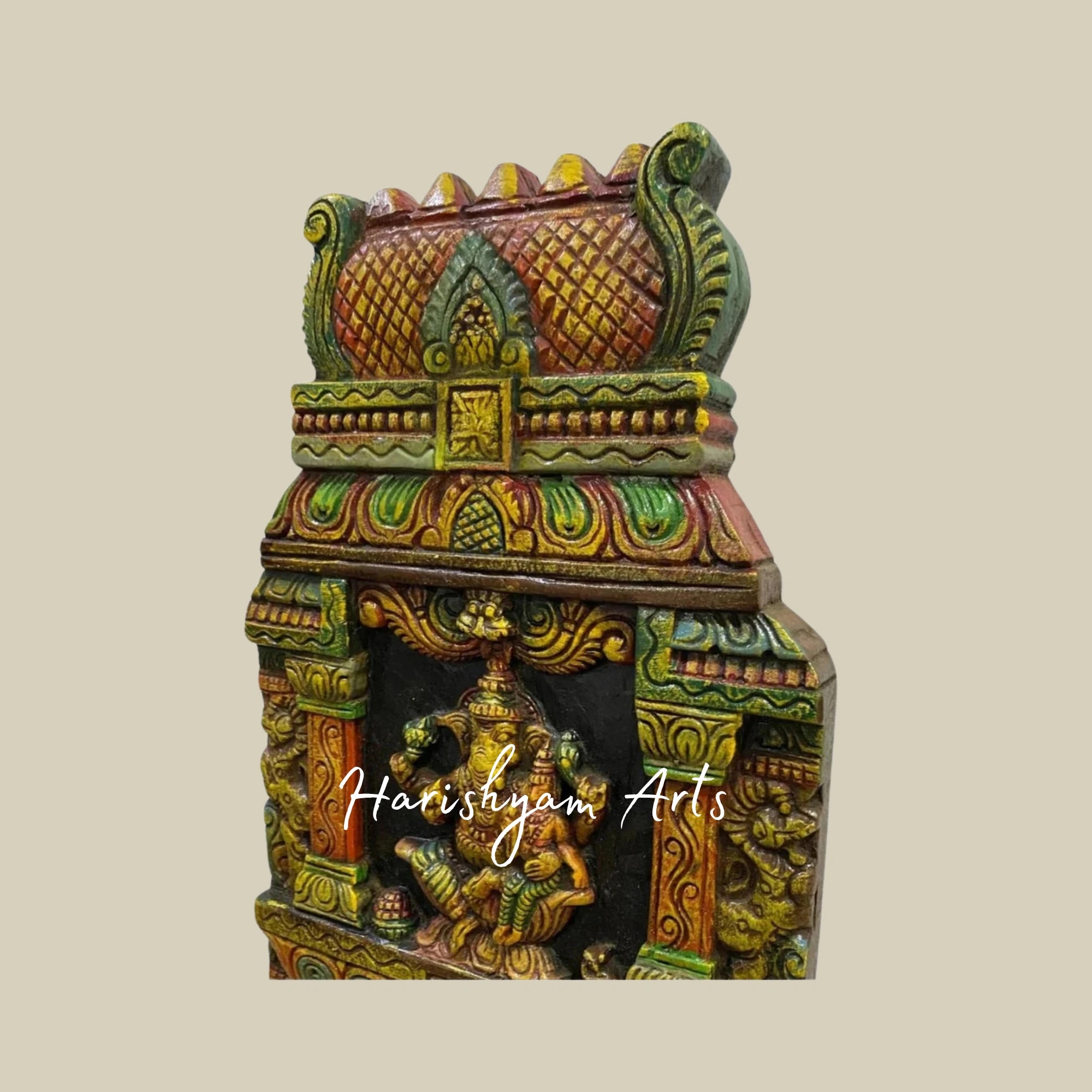 36" Temple Gopuram Style Wooden Ganesha and Lakshmi Kavadi Panel for Traditional Décor