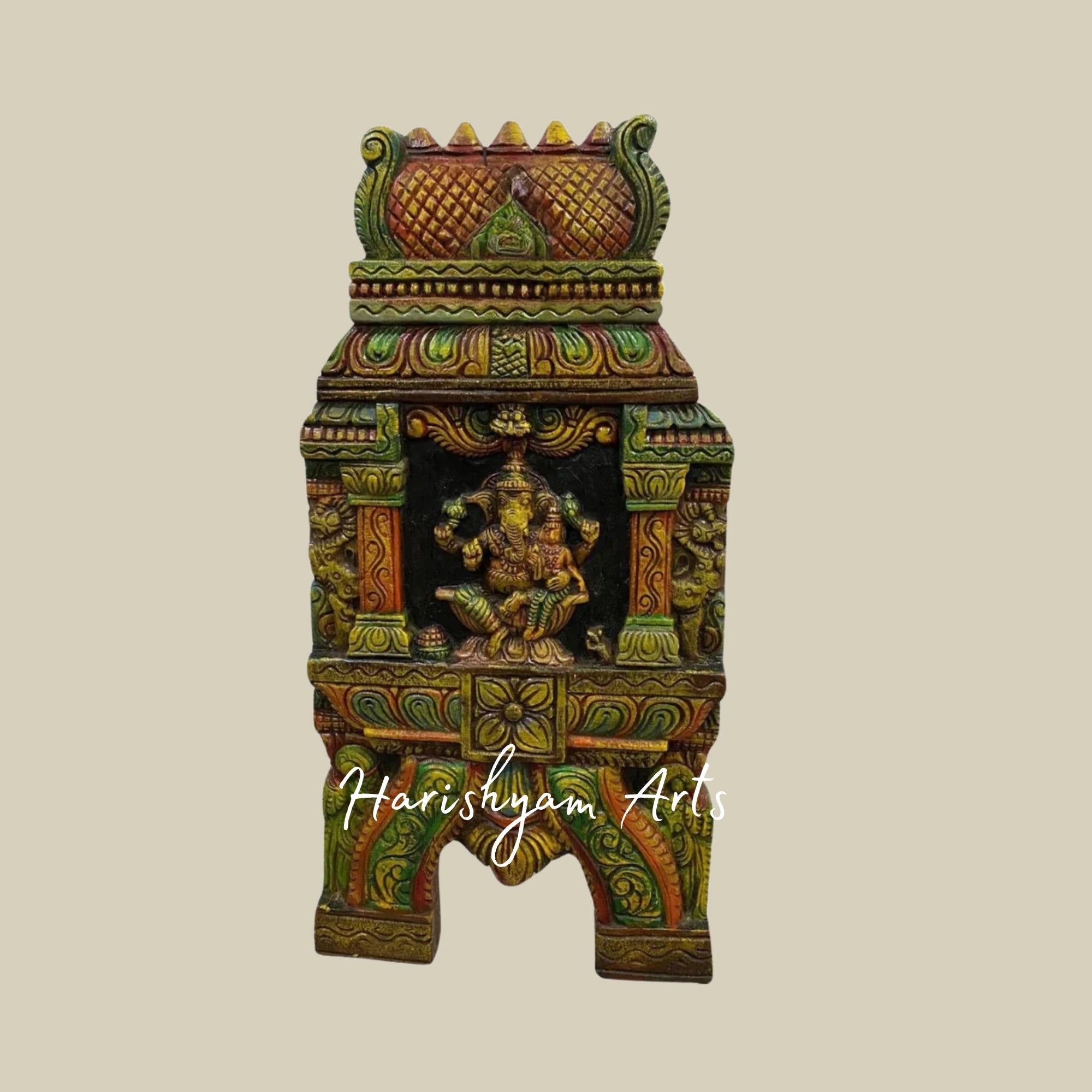 36" Temple Gopuram Style Wooden Ganesha and Lakshmi Kavadi Panel for Traditional Décor