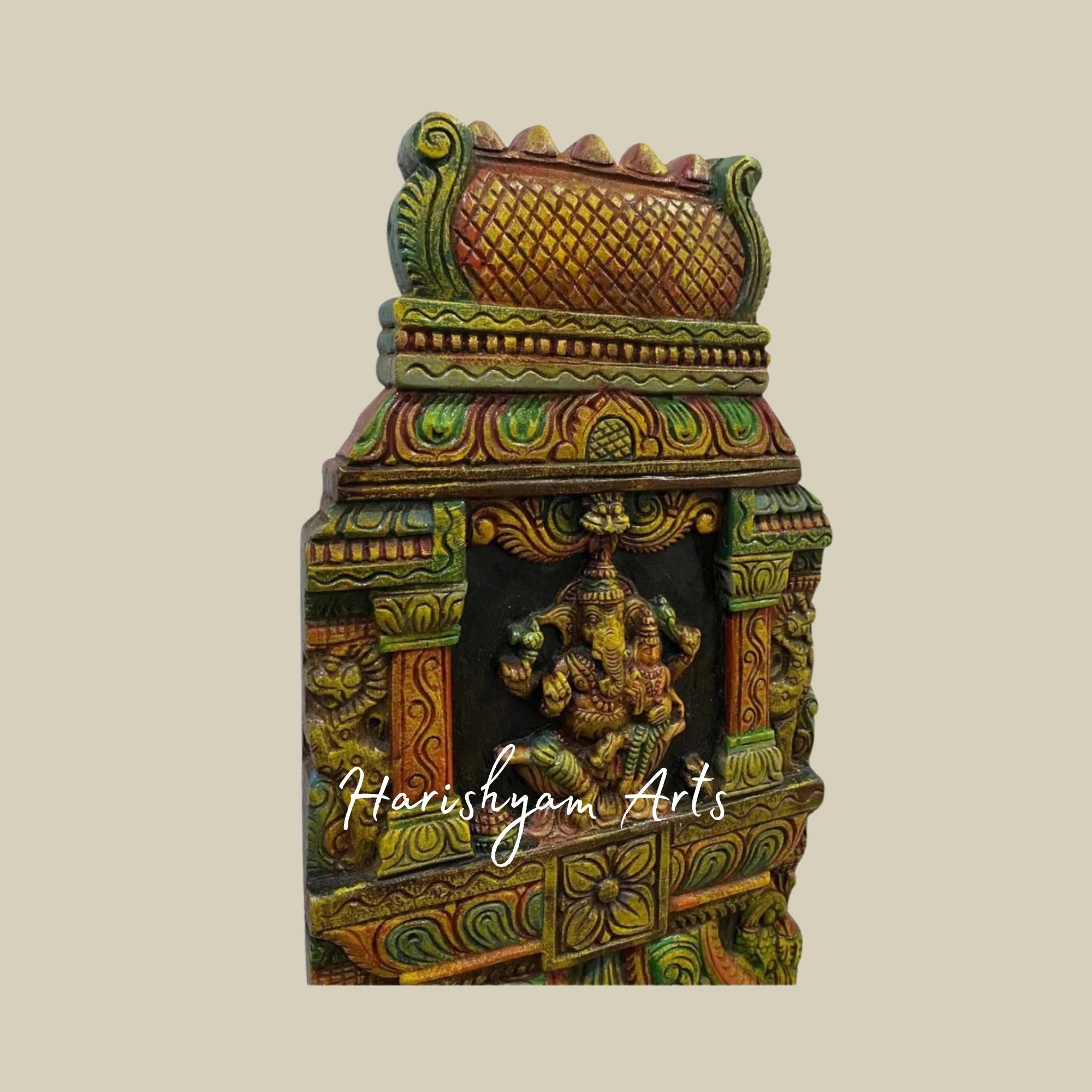 36" Temple Gopuram Style Wooden Ganesha and Lakshmi Kavadi Panel for Traditional Décor