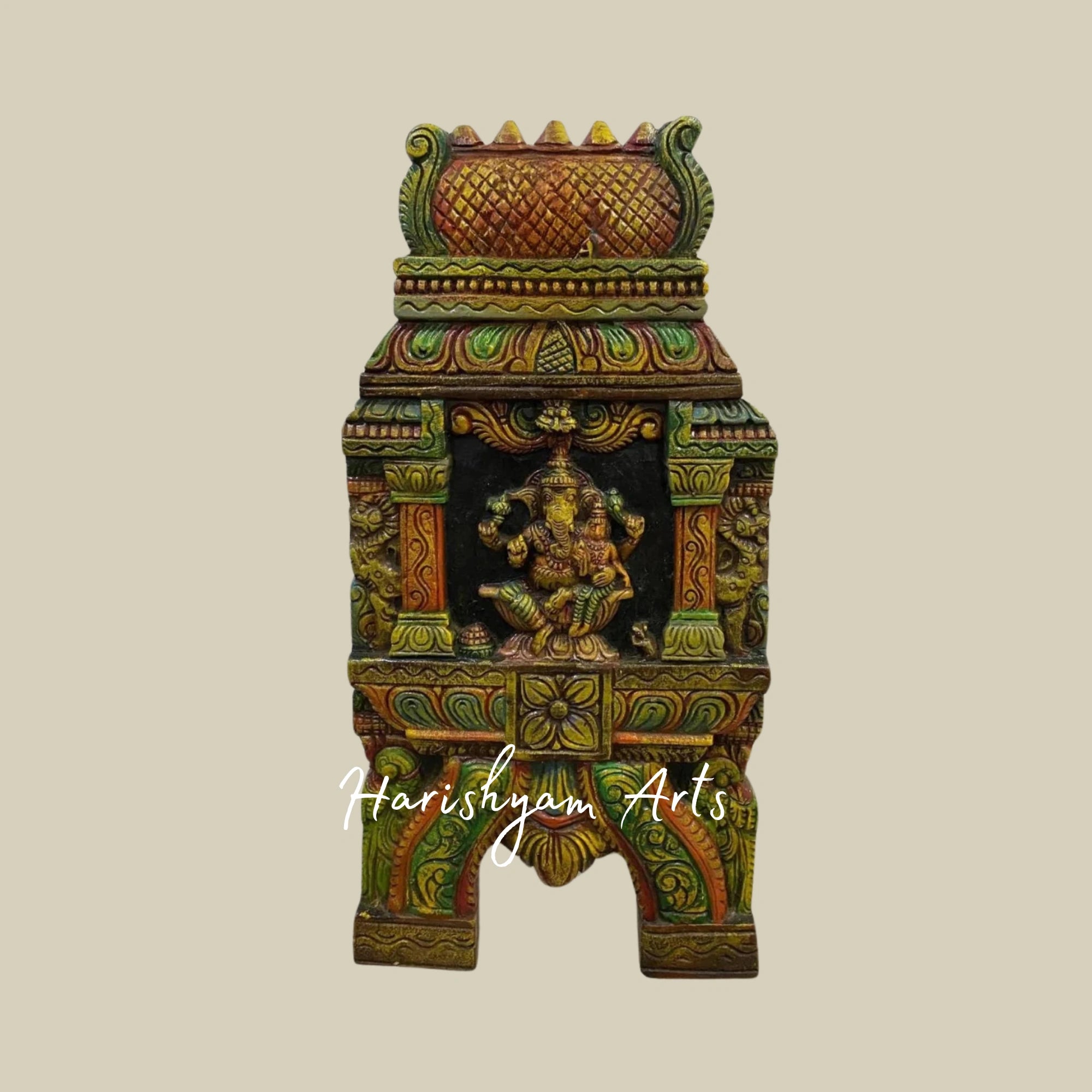 36" Temple Gopuram Style Wooden Ganesha and Lakshmi Kavadi Panel for Traditional Décor