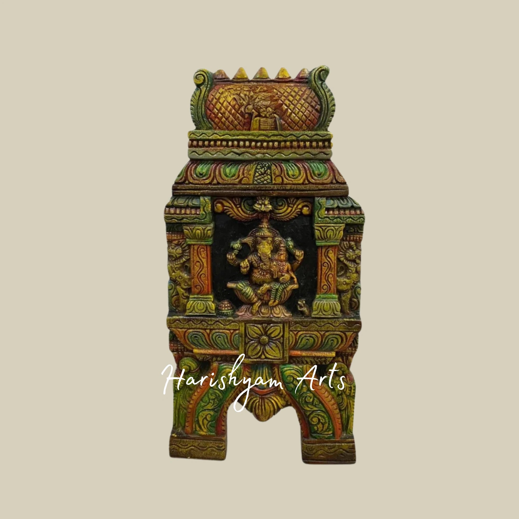 36" Temple Gopuram Style Wooden Ganesha and Lakshmi Kavadi Panel for Traditional Décor