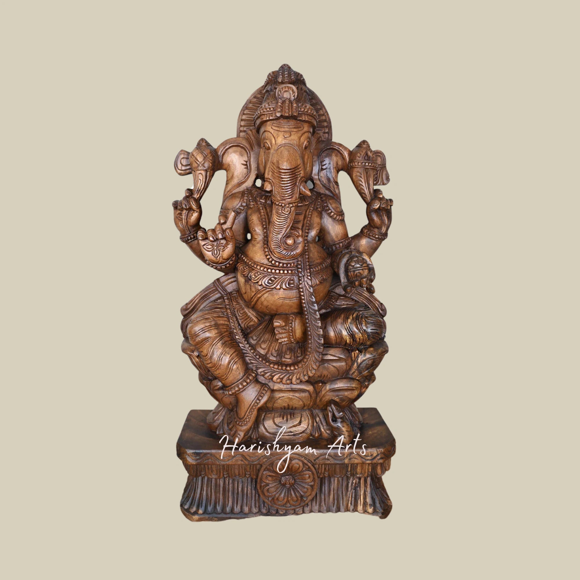 36" Wooden Ganesha Idol Seated on Double Petal Lotus Holding Writing Nail and Ladoo with Mooshak Sculpture