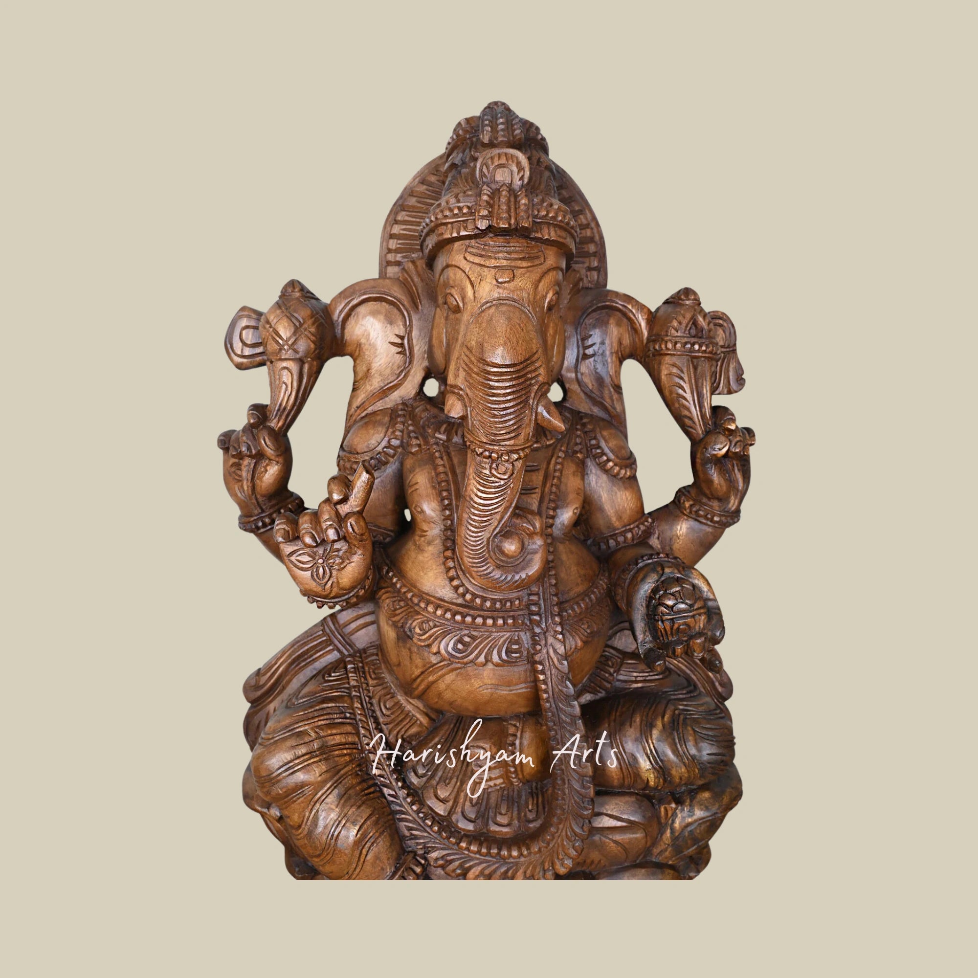 36" Wooden Ganesha Idol Seated on Double Petal Lotus Holding Writing Nail and Ladoo with Mooshak Sculpture