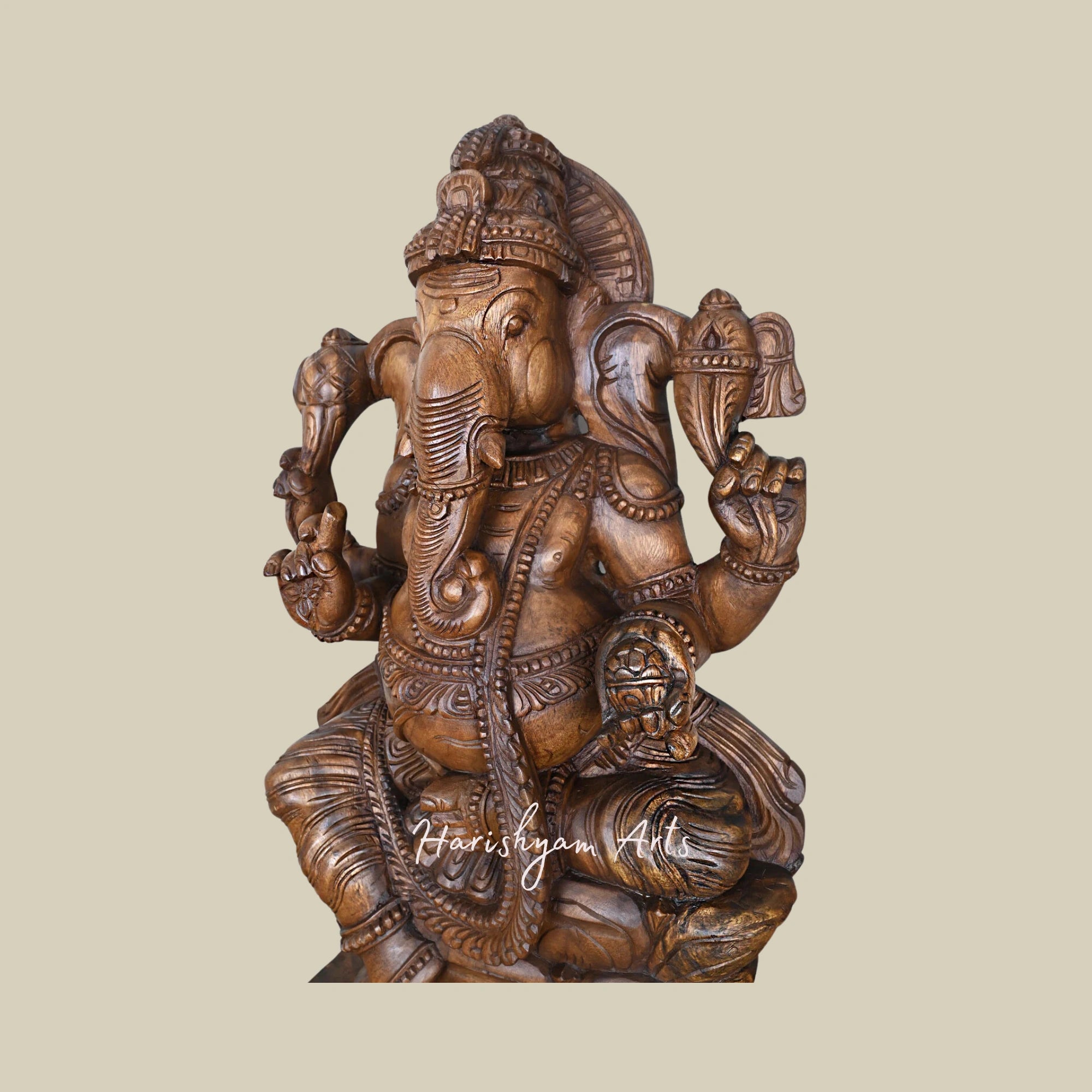 36" Wooden Ganesha Idol Seated on Double Petal Lotus Holding Writing Nail and Ladoo with Mooshak Sculpture 2
