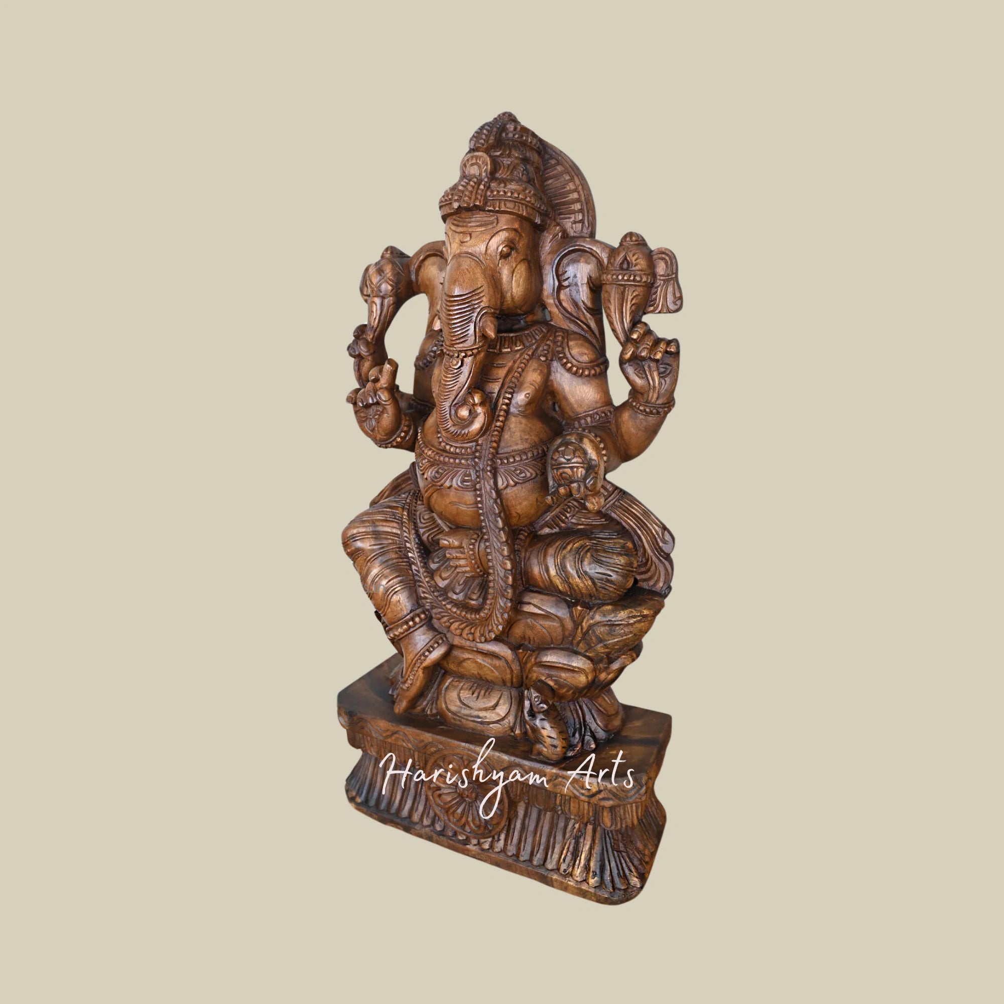 36" Wooden Ganesha Idol Seated on Double Petal Lotus Holding Writing Nail and Ladoo with Mooshak Sculpture 3
