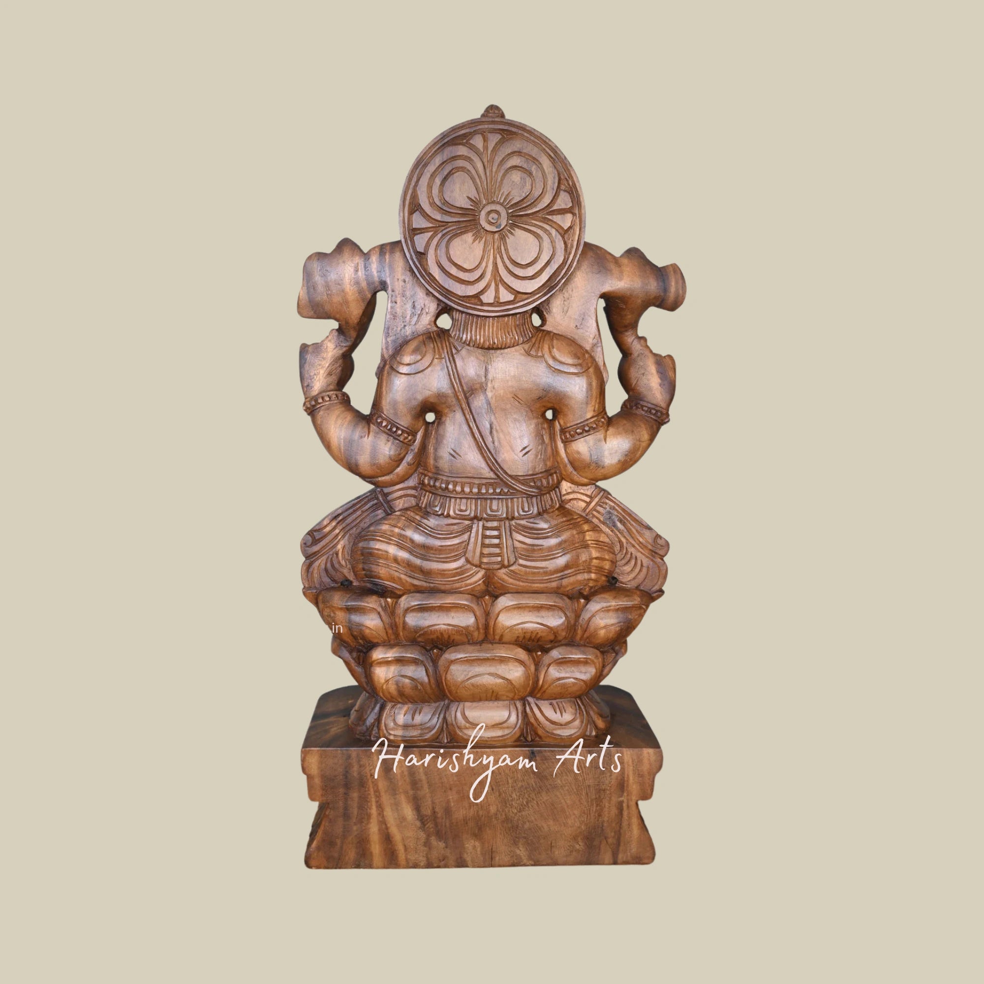 36" Wooden Ganesha Idol Seated on Double Petal Lotus Holding Writing Nail and Ladoo with Mooshak Sculpture 4
