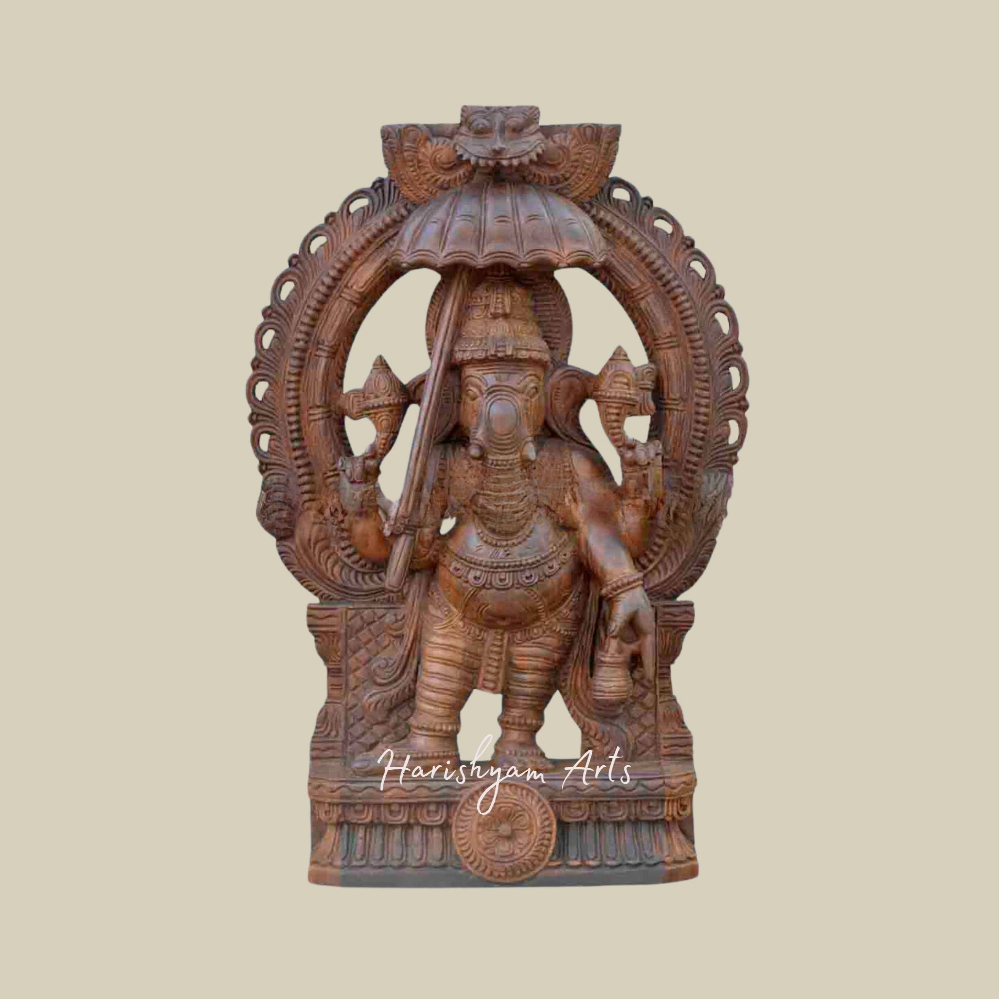 36" Wooden Ganesha Statue for Mandir with Arch Design