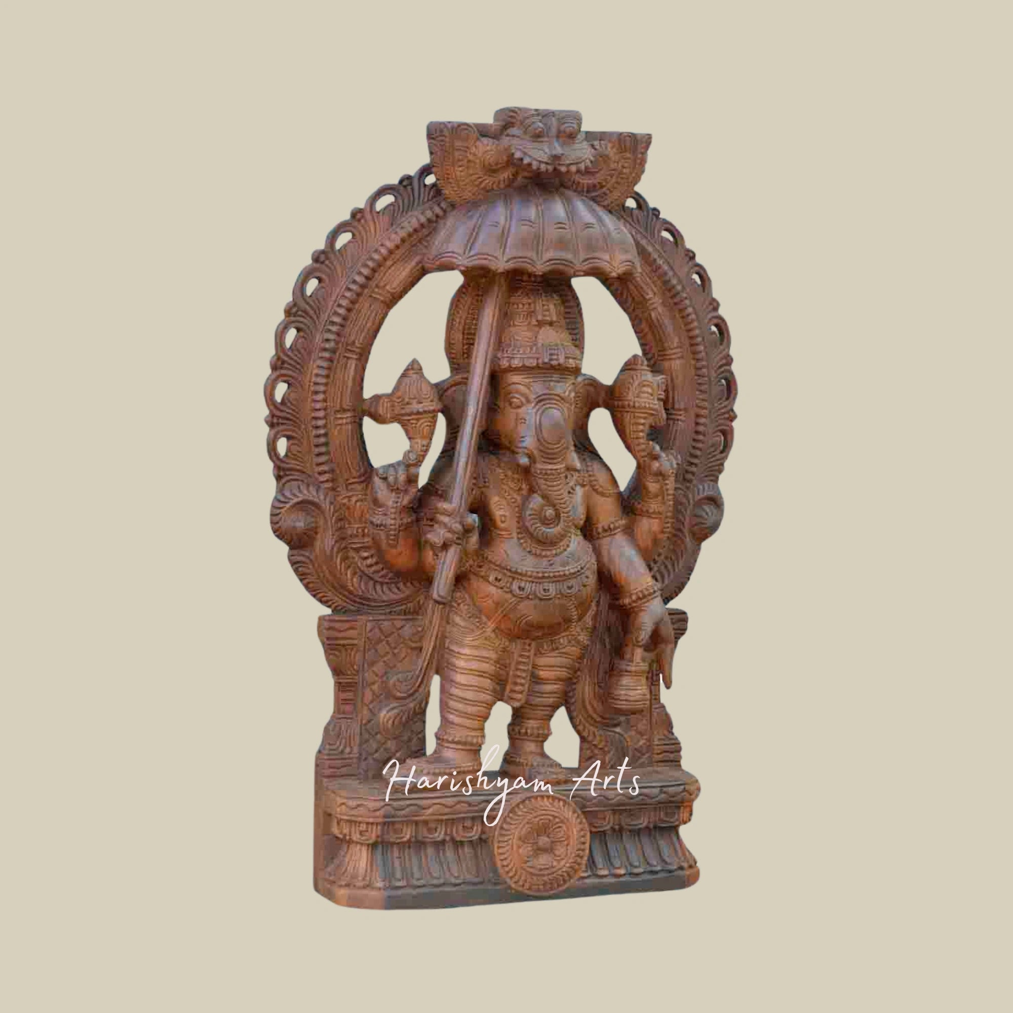 36" Wooden Ganesha Statue for Mandir with Arch Design1