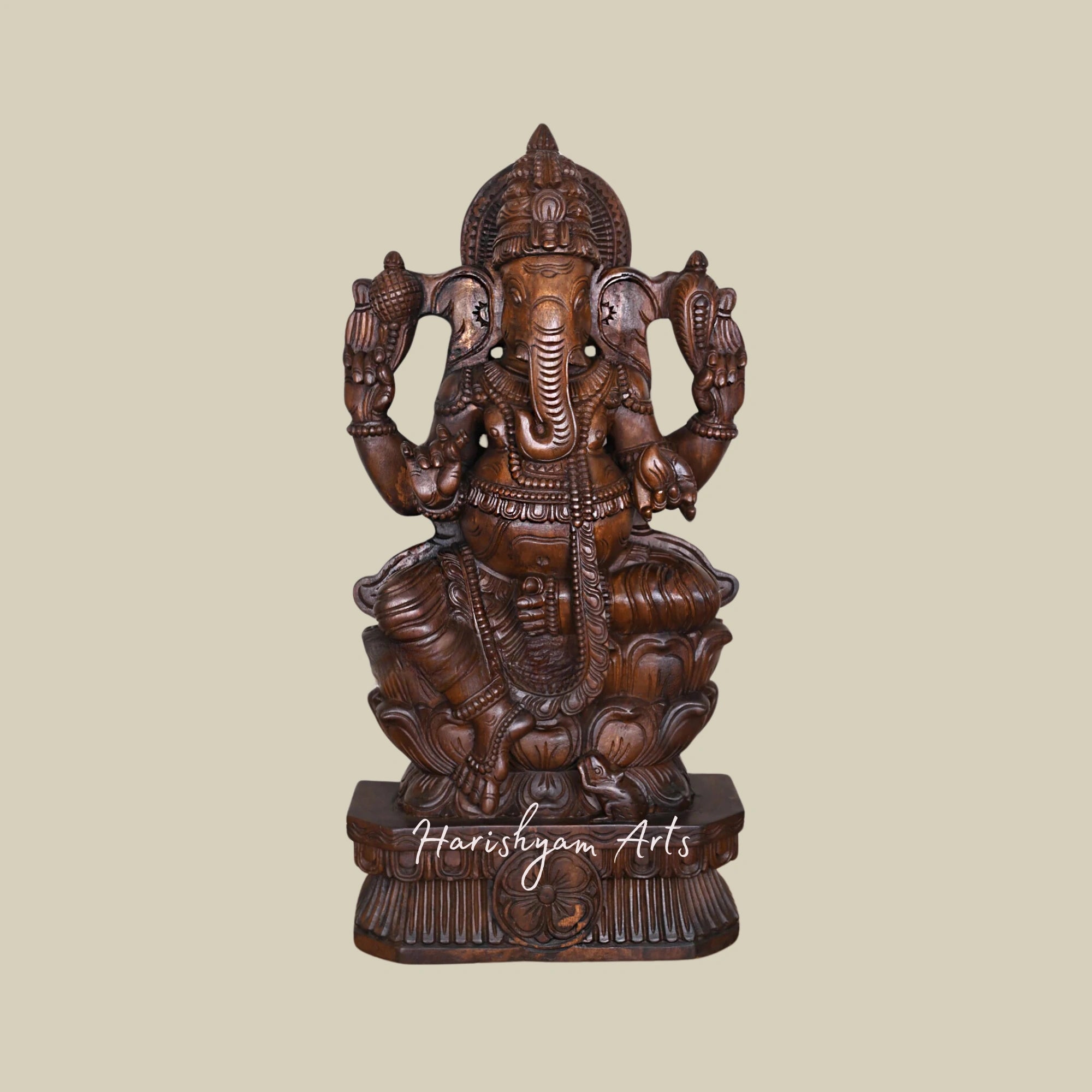 36" Wooden Karpaga Ganapathy Seated on Double Petal Lotus