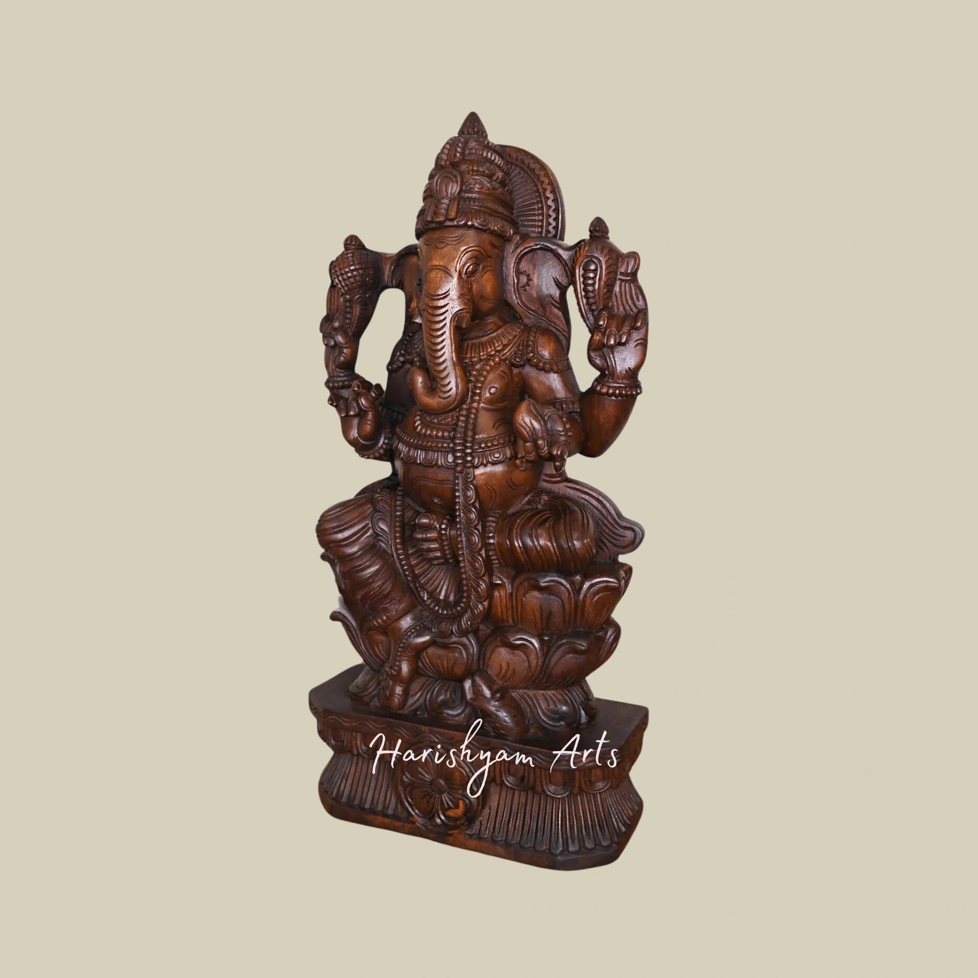 36" Wooden Karpaga Ganapathy Seated on Double Petal Lotus1