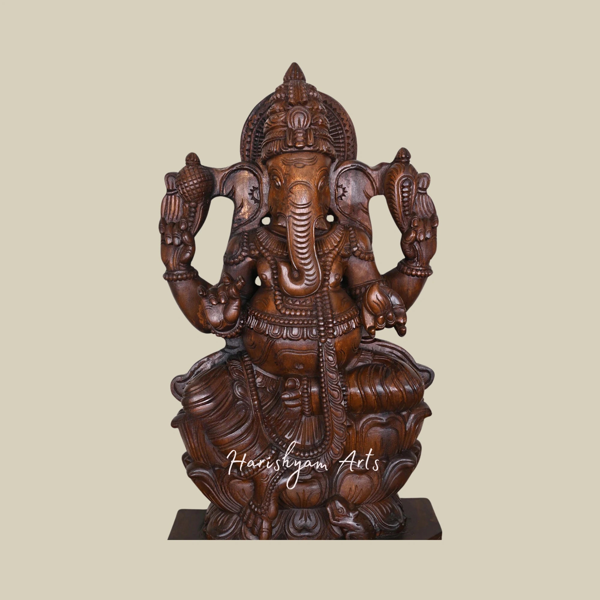 36" Wooden Karpaga Ganapathy Seated on Double Petal Lotus2