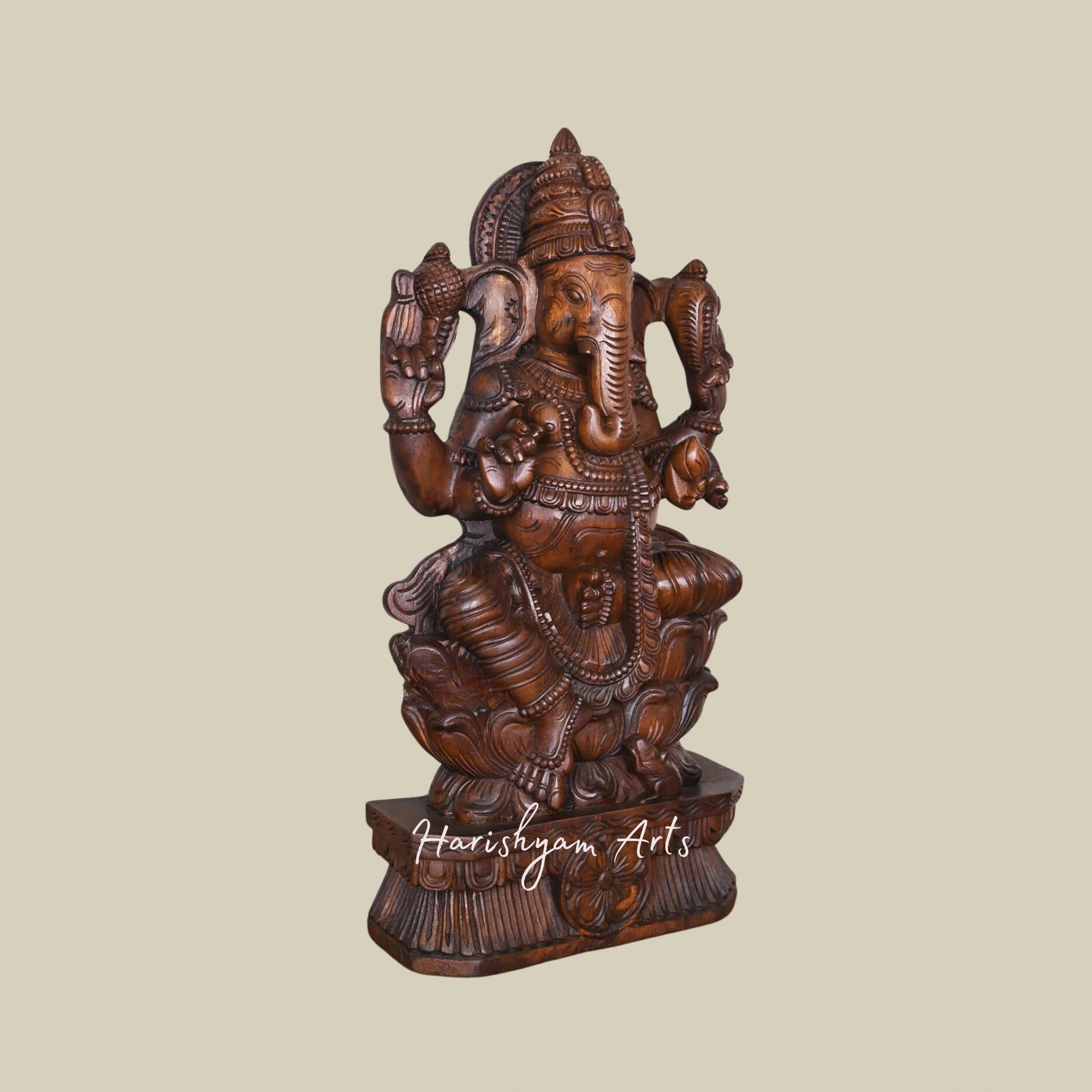 36" Wooden Karpaga Ganapathy Seated on Double Petal Lotus3