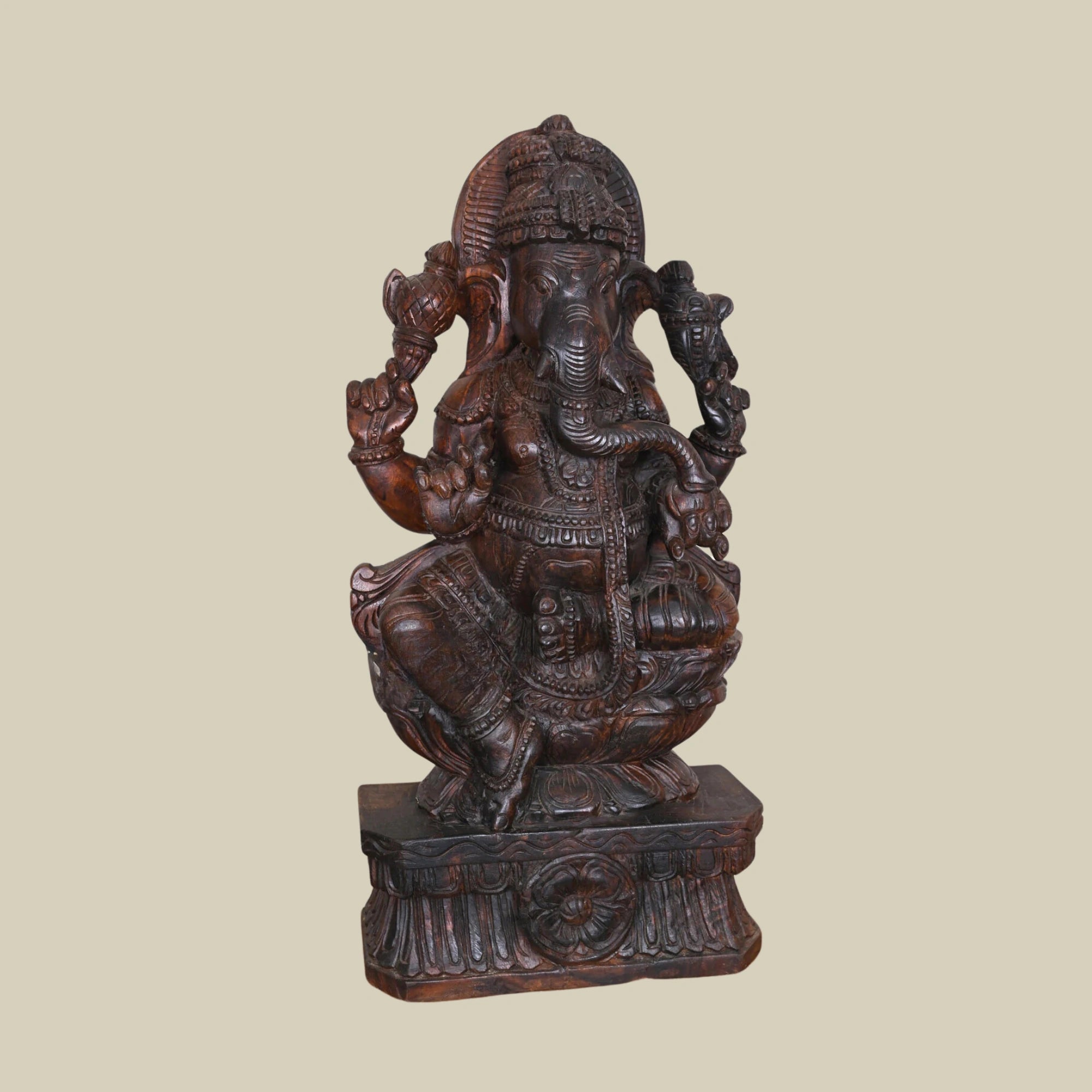 36" Wooden Lord Ganesha Sculpture Enjoying Modak on Double Lotus Petal Base2