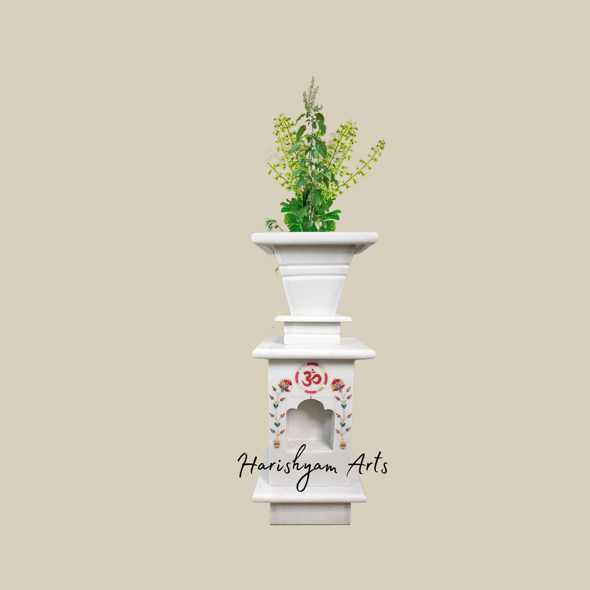 36" Decorative Marble Tulsi Pot with Inlay Work