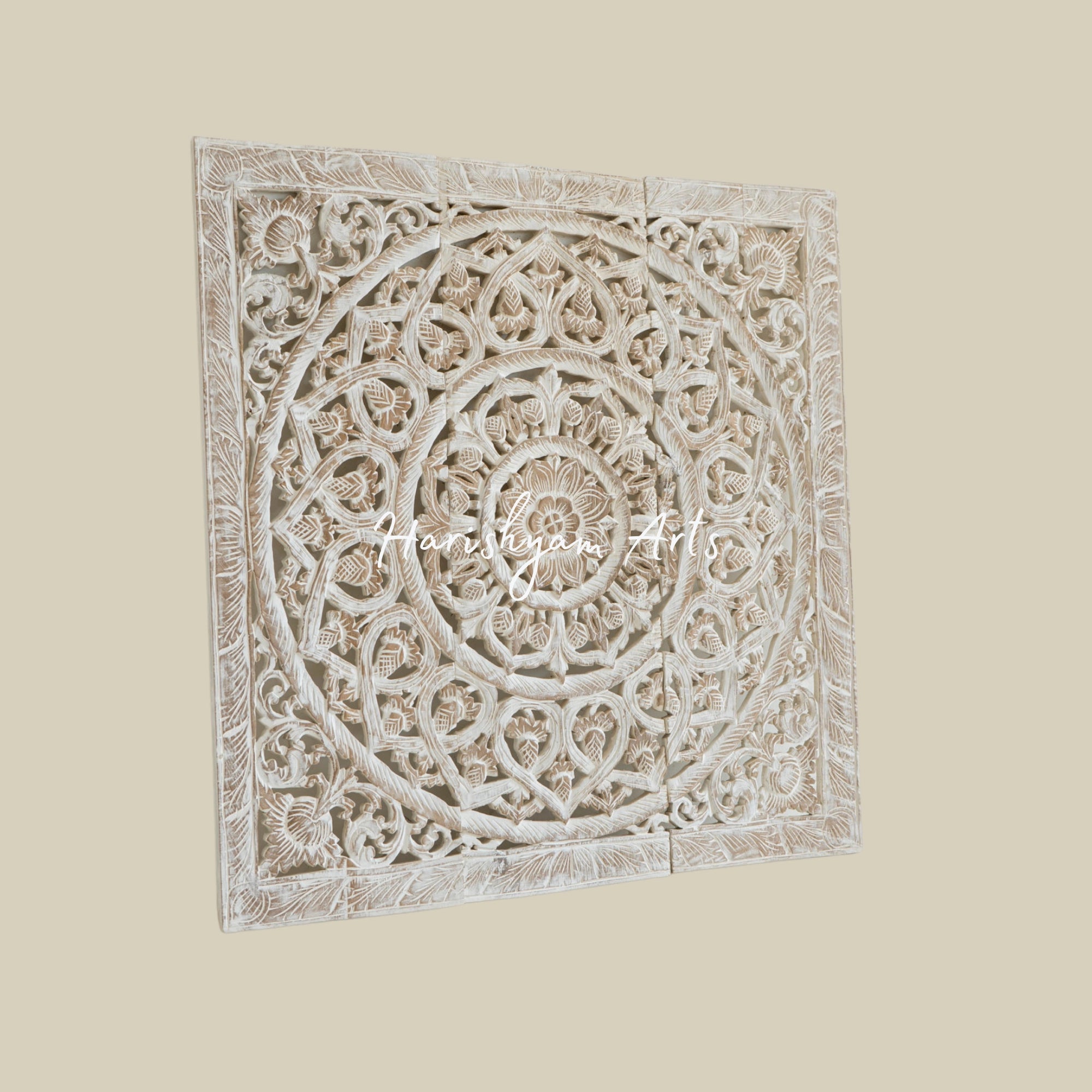 36" Set of 3 Hand Carved Wood Beige Wall Art Panels2
