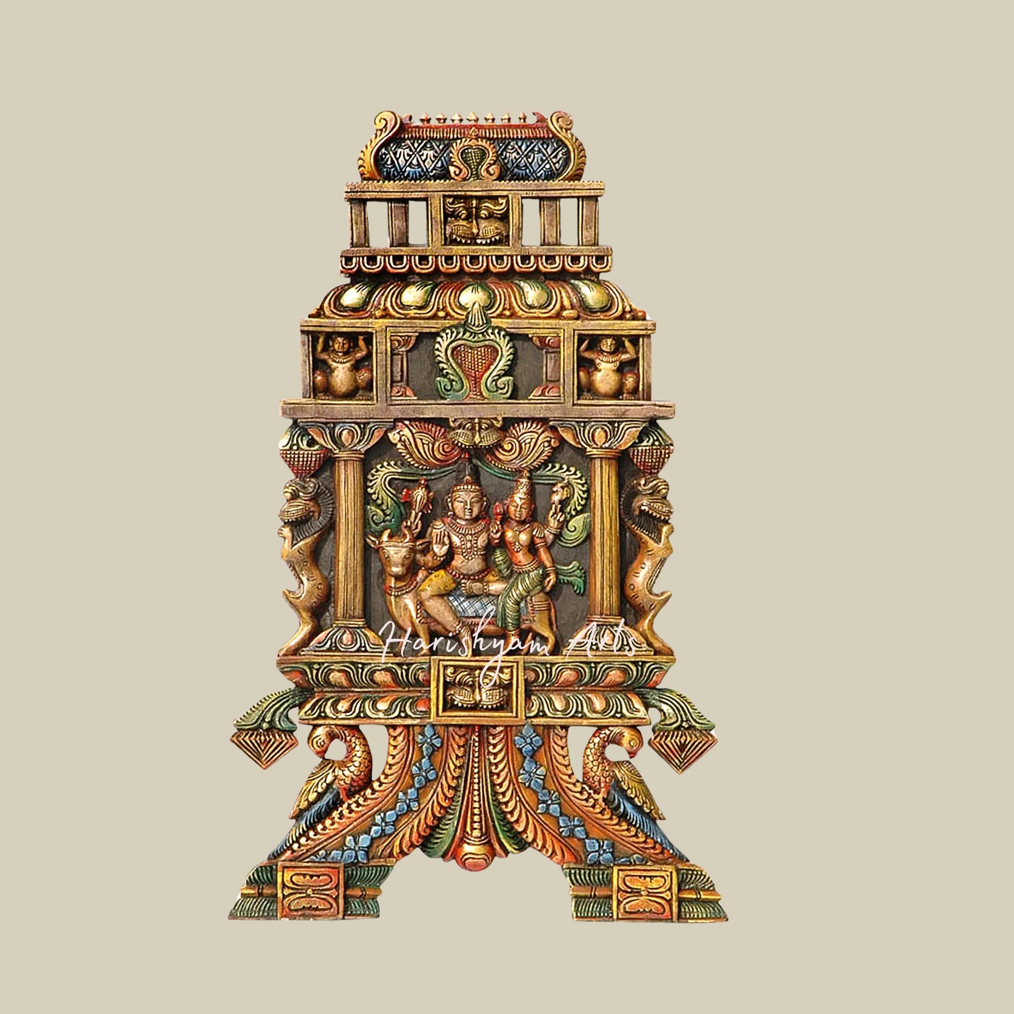 36" Shiva Parvati on Nandi Wooden Kavadi Wall Panel for Pooja1
