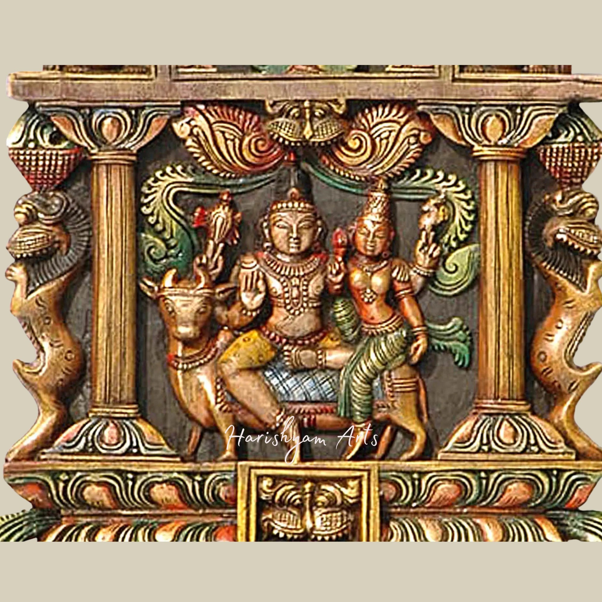 36" Shiva Parvati on Nandi Wooden Kavadi Wall Panel for Pooja2