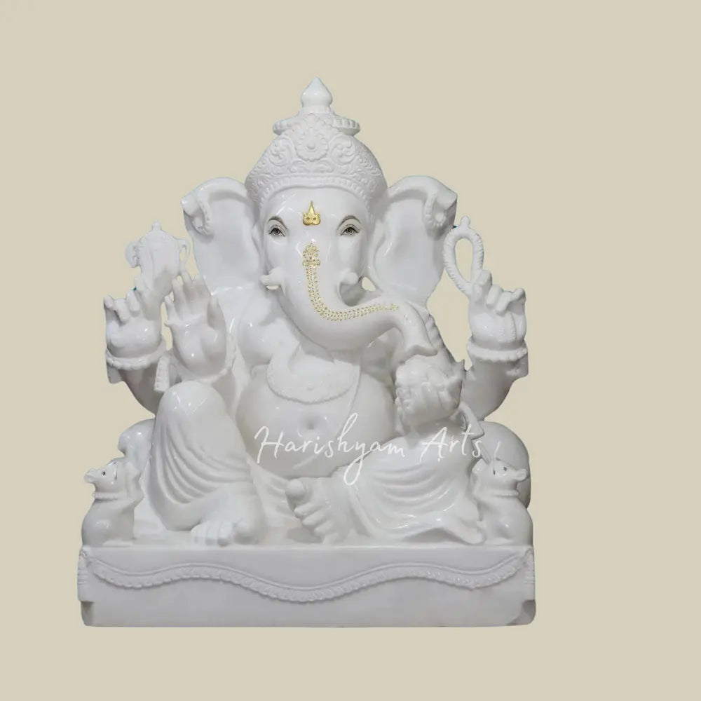 36" Large Attractive Lord Ganesha Statue With Golden Tilak in Vietnam Marble