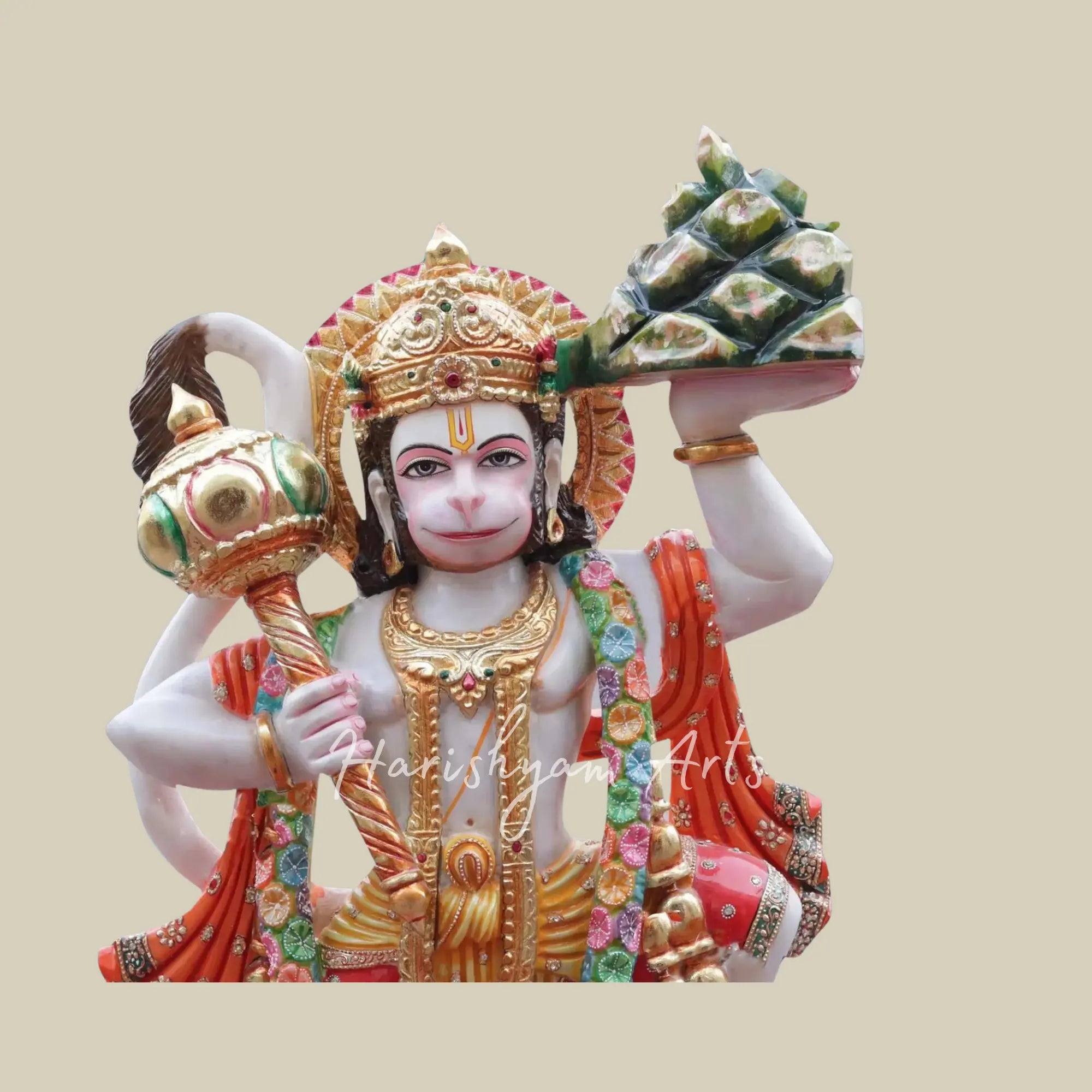 36 inches Large Hanuman Holding Mountain Makrana Marble Statue
