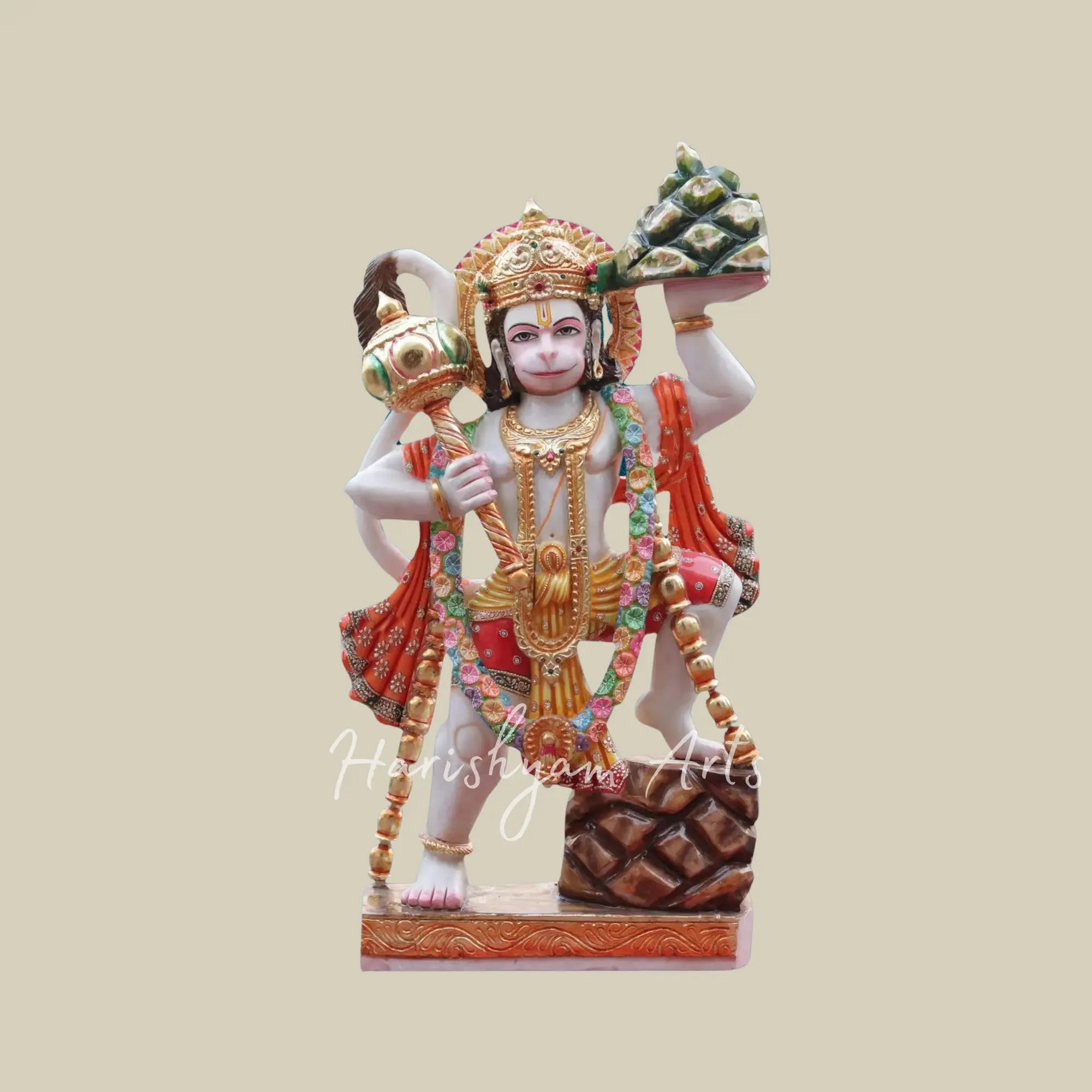 36 inches Large Hanuman Holding Mountain Makrana Marble Statue 2