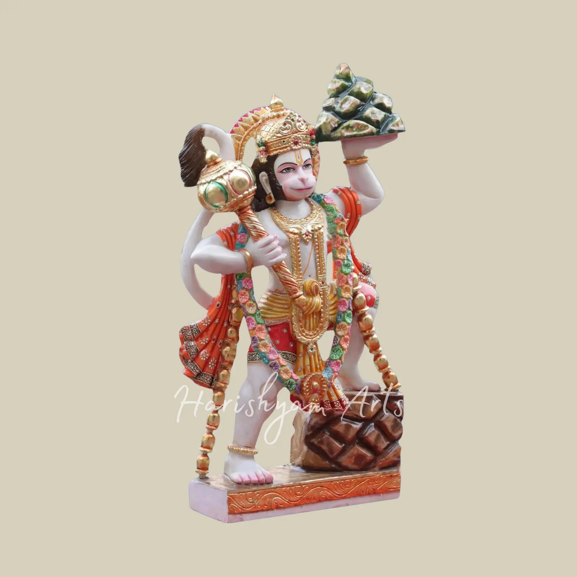 36 inches Large Hanuman Holding Mountain Makrana Marble Statue 3
