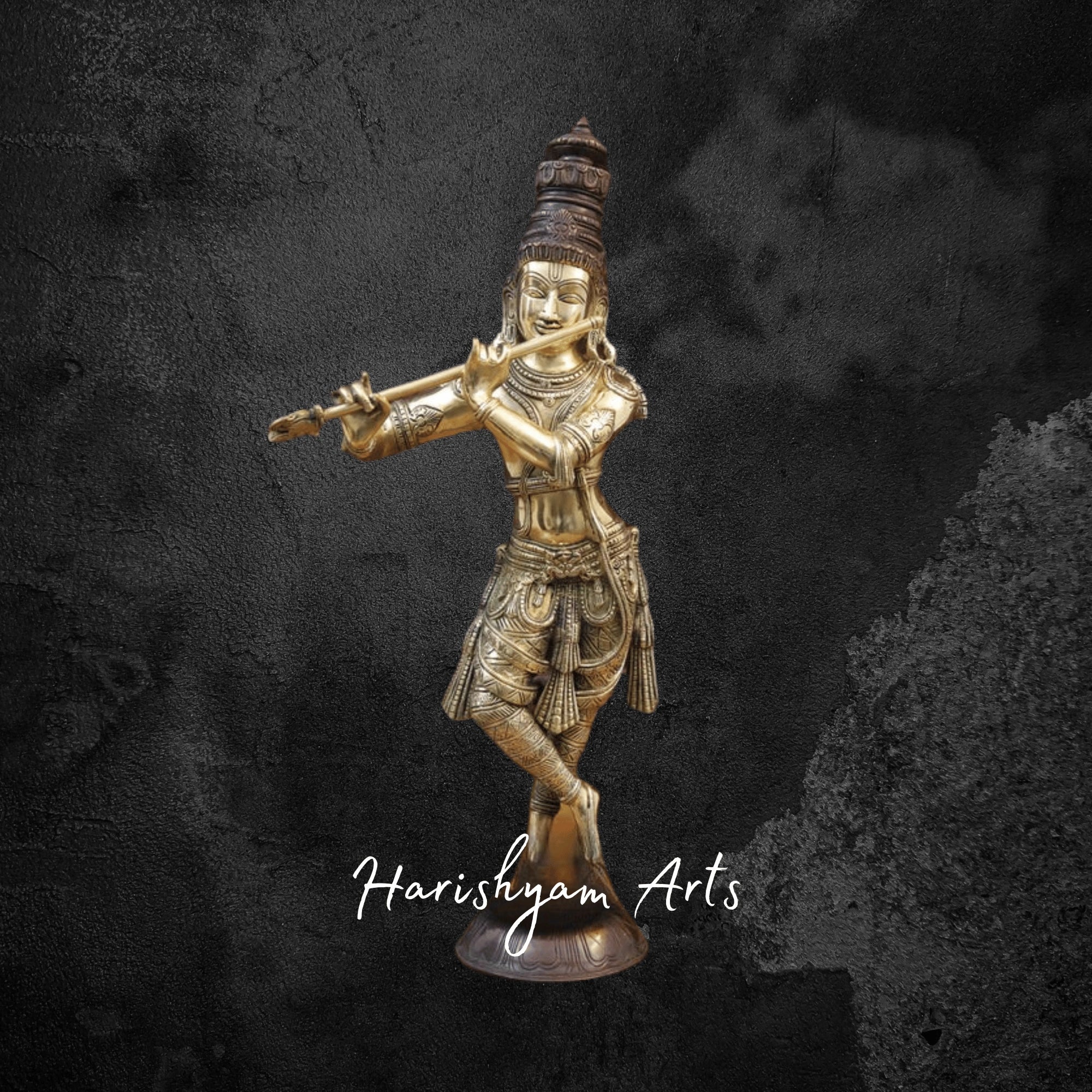 37" Antique Brass Radha Krishna Playing Flute Statue for Mandir