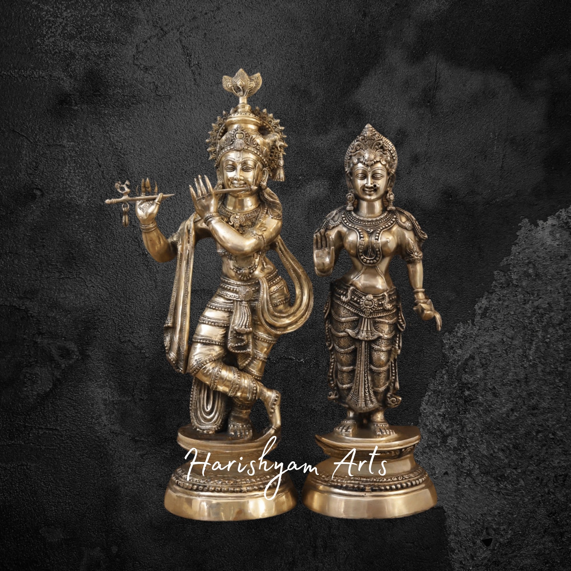 37" Antique Brass Radha Krishna Playing Flute Statue for Mandir