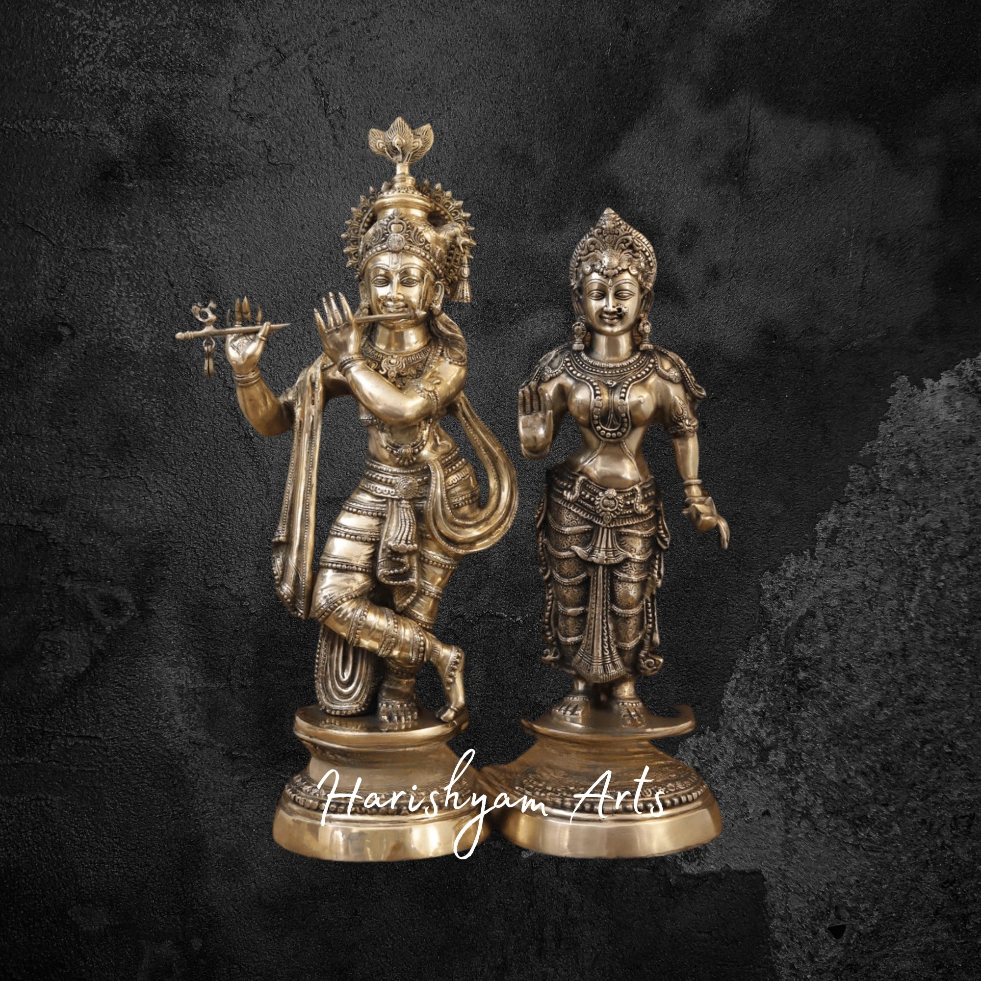 37" Antique Brass Radha Krishna Playing Flute Statue for Mandir