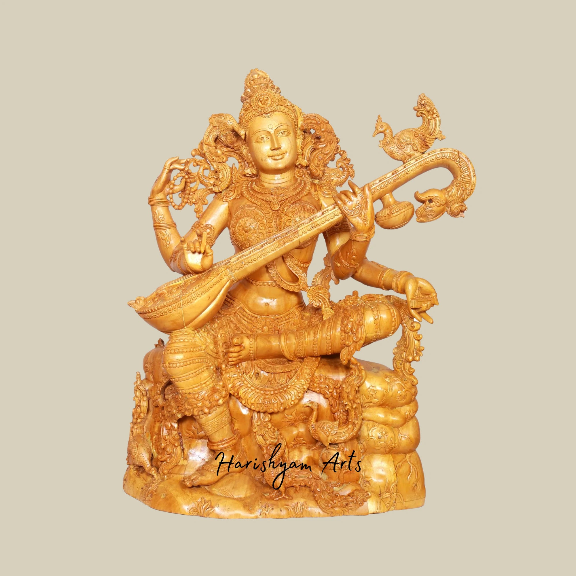 37" Artistic Wooden Goddess Saraswati Statue Playing Veena Large Sitting Idol