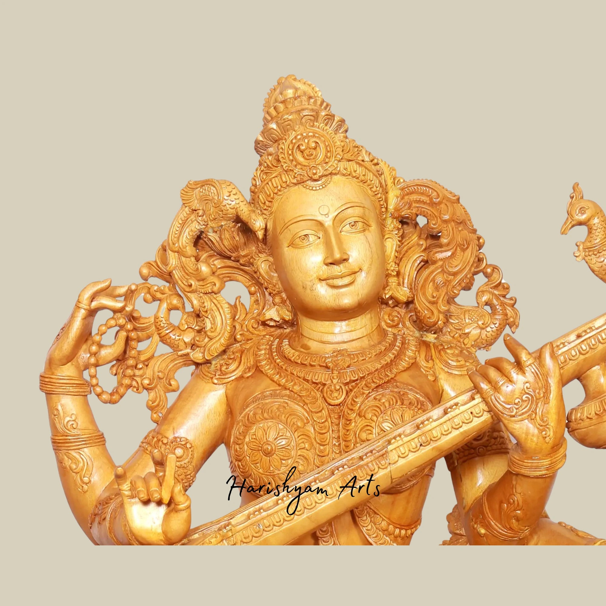 37" Artistic Wooden Goddess Saraswati Statue Playing Veena Large Sitting Idol1