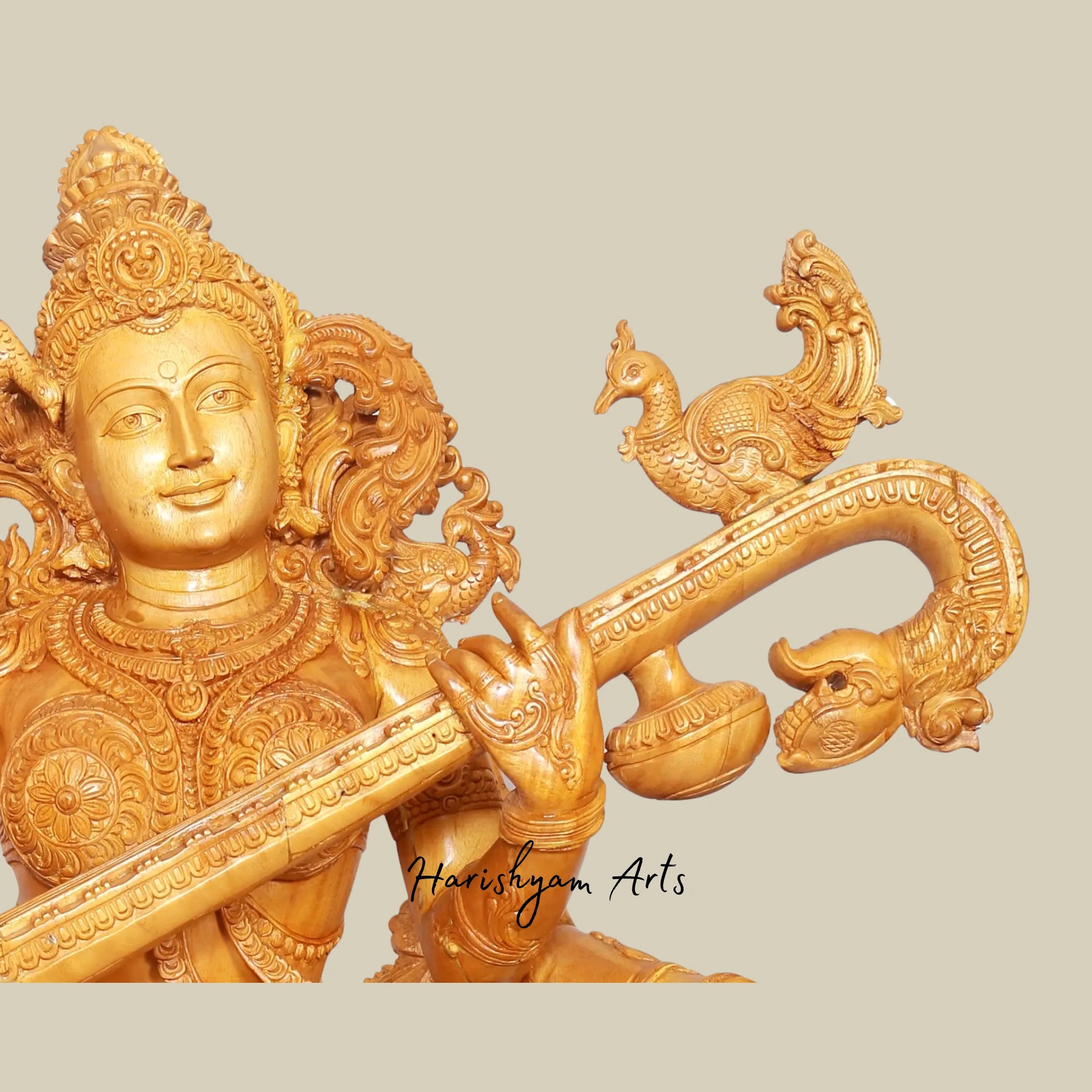 37" Artistic Wooden Goddess Saraswati Statue Playing Veena Large Sitting Idol2