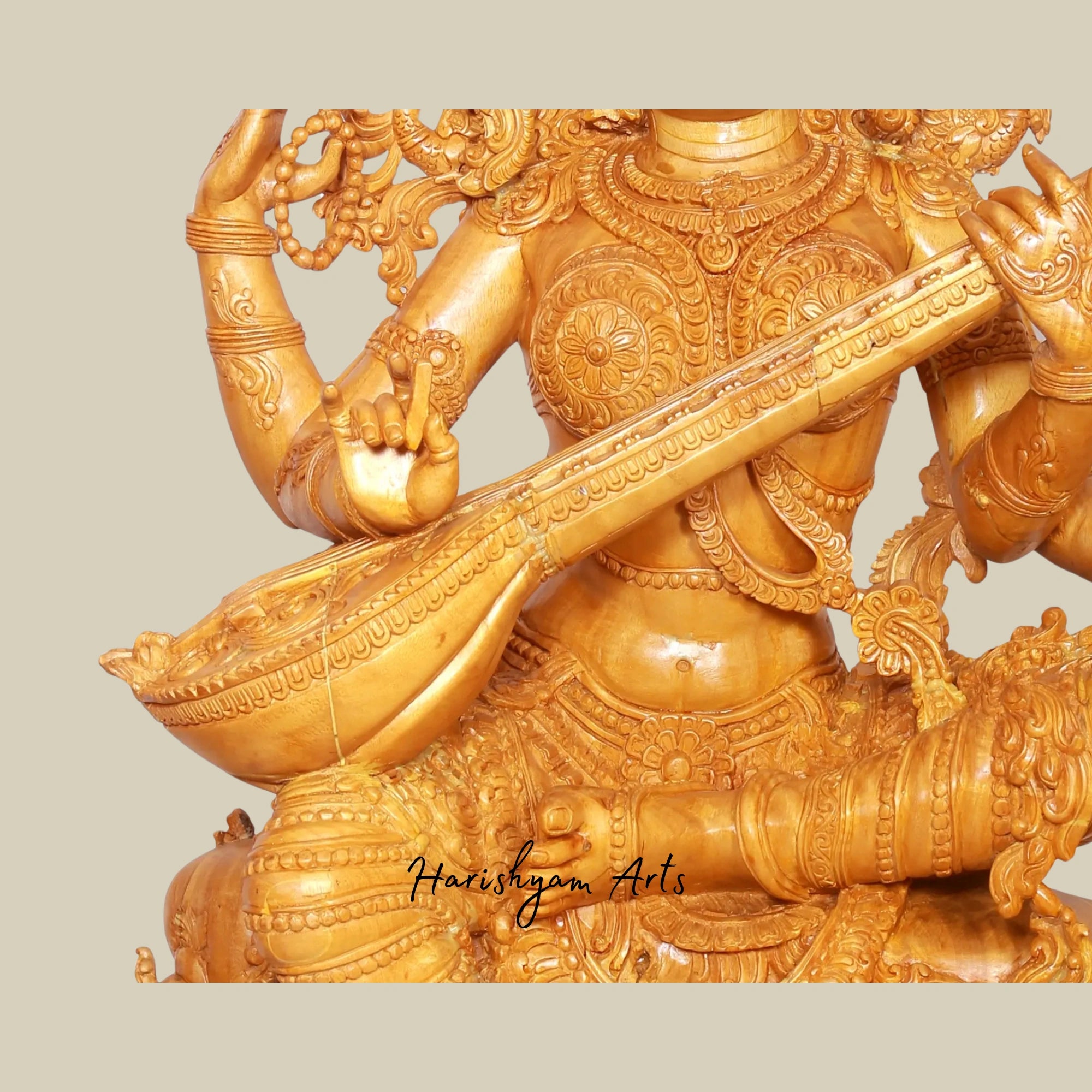 37" Artistic Wooden Goddess Saraswati Statue Playing Veena Large Sitting Idol3