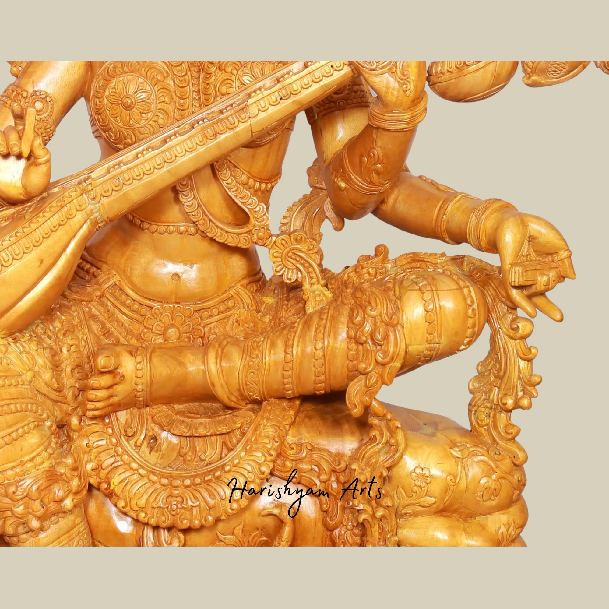 37" Artistic Wooden Goddess Saraswati Statue Playing Veena Large Sitting Idol5