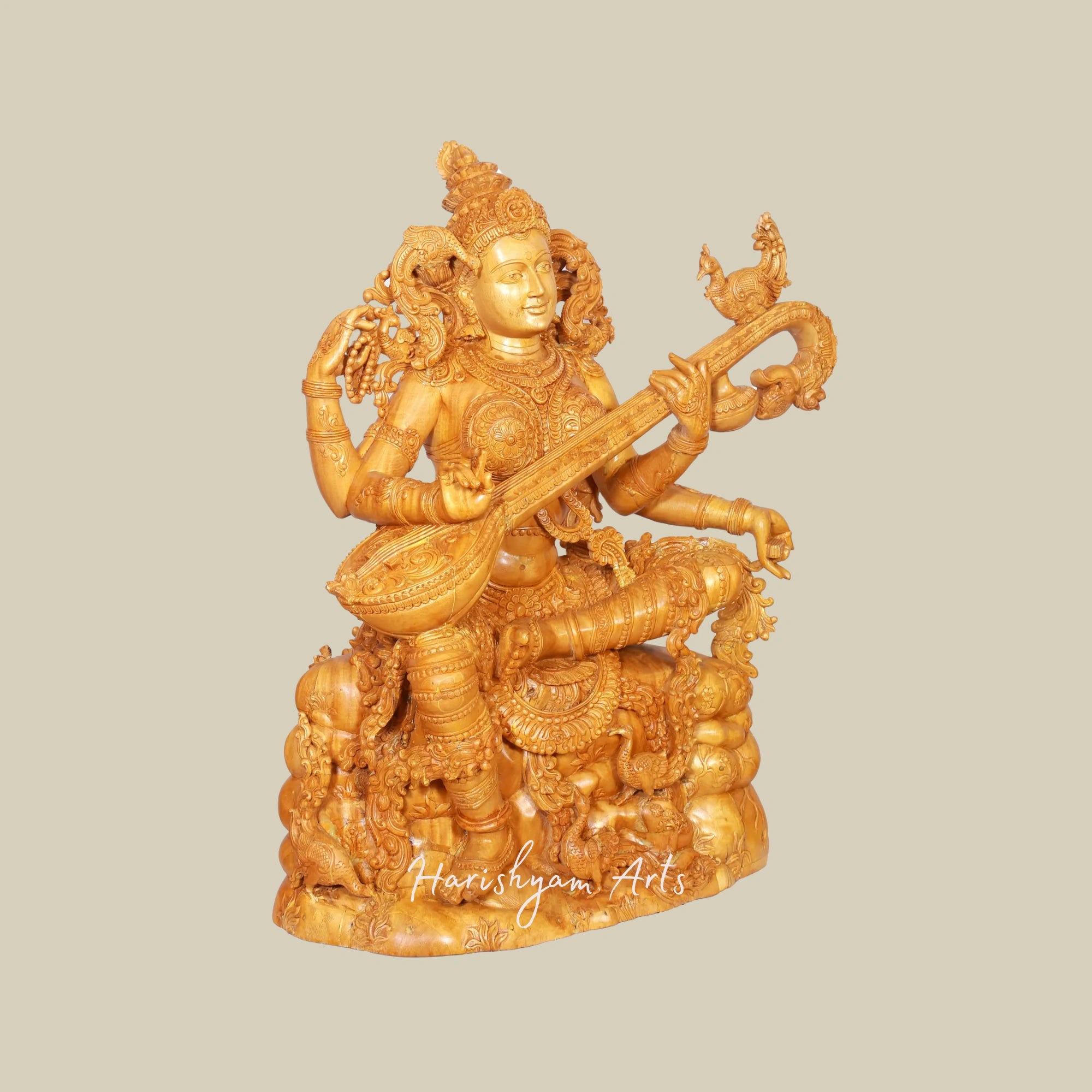 37" Artistic Wooden Goddess Saraswati Statue Playing Veena Large Sitting Idol6