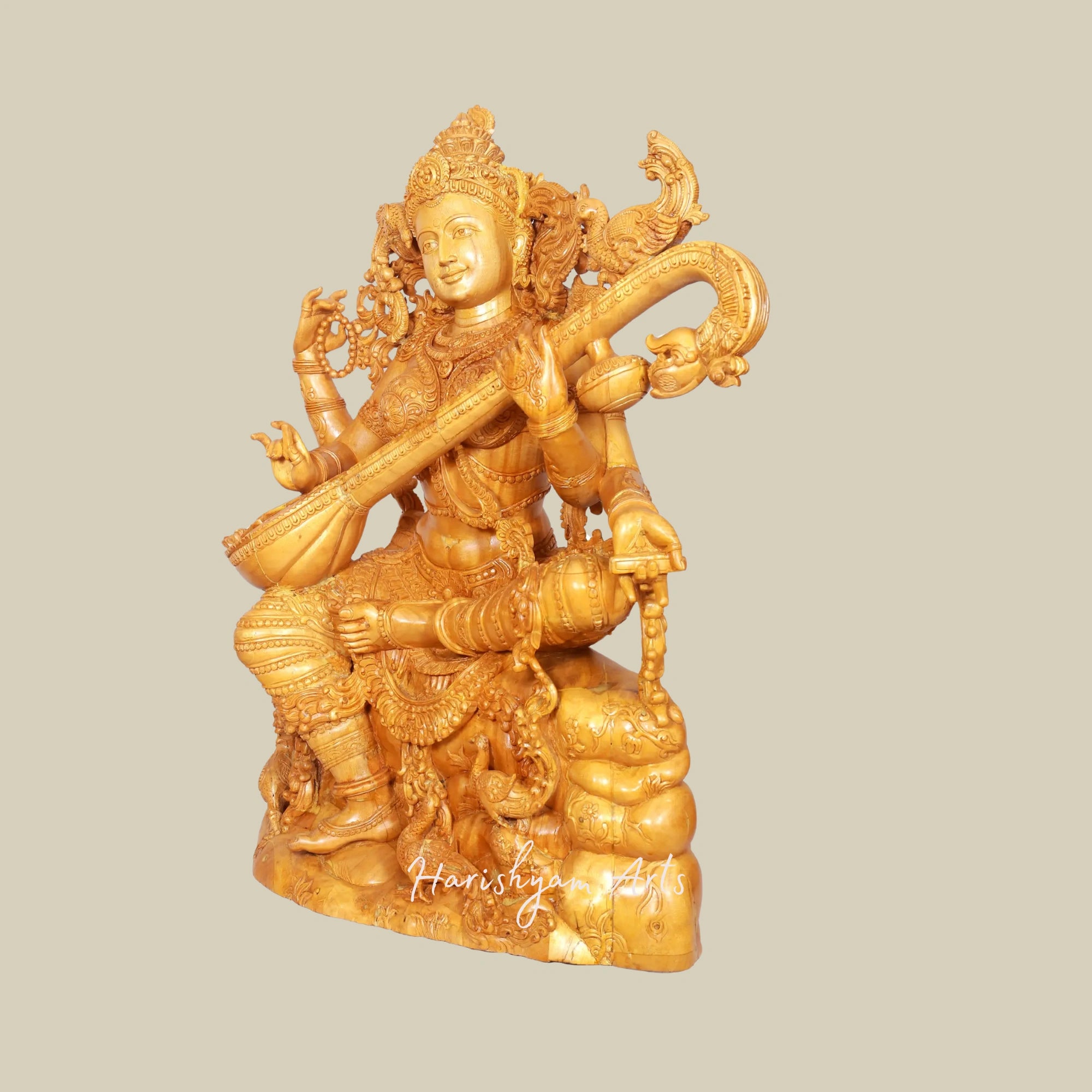 37" Artistic Wooden Goddess Saraswati Statue Playing Veena Large Sitting Idol7