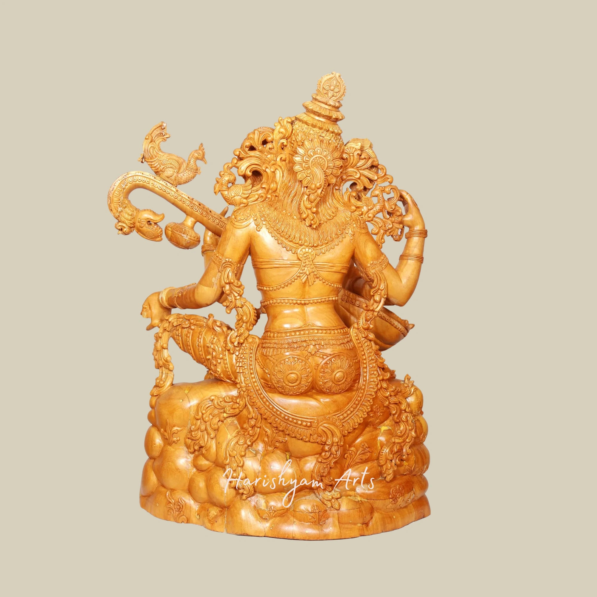 37" Artistic Wooden Goddess Saraswati Statue Playing Veena Large Sitting Idol8